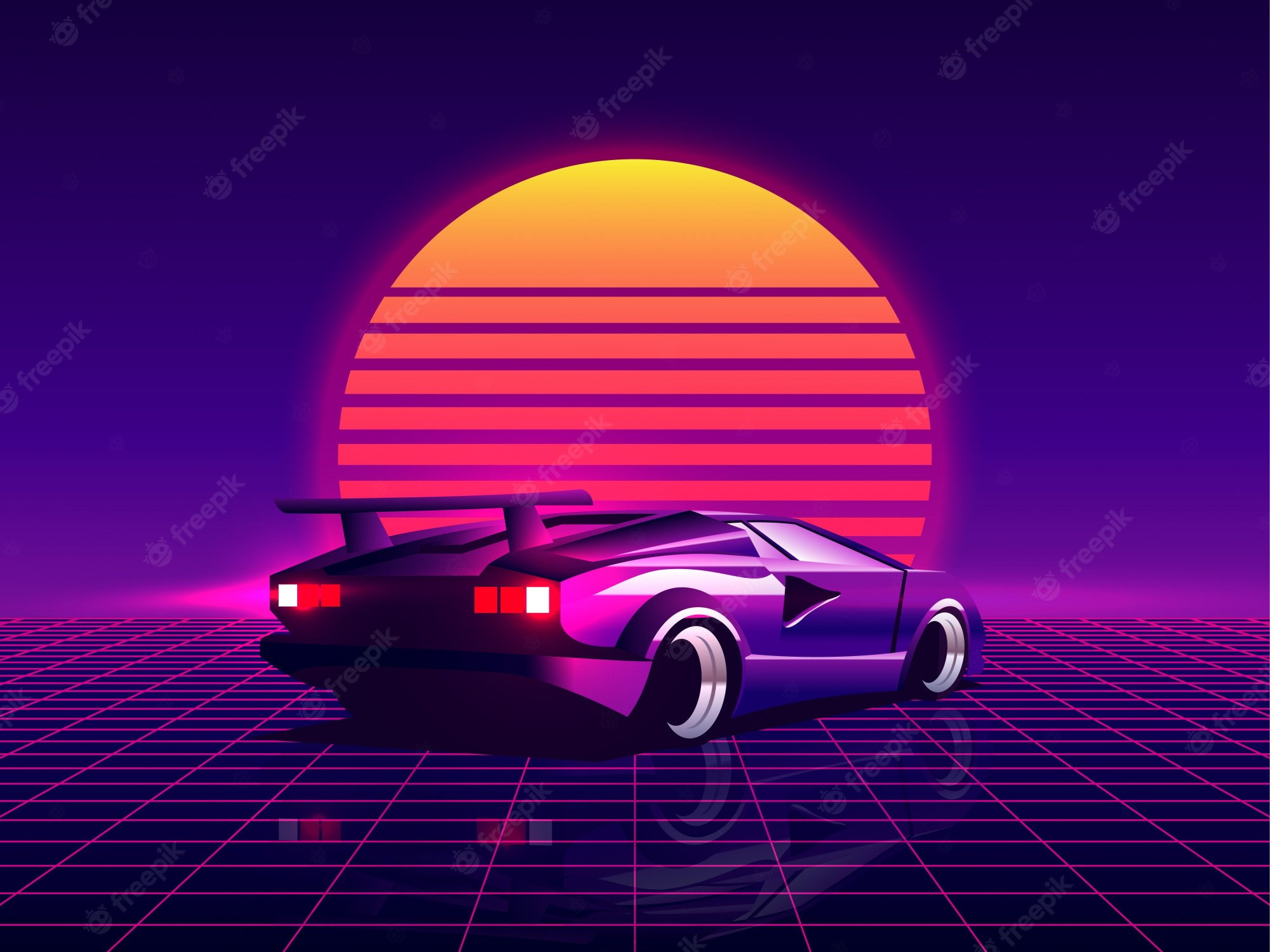 Premium Vector. Retro futuristic back side view 80s supercar on trendy synthwave / vaporwave / cyberpunk sunset background. back to 80's concept