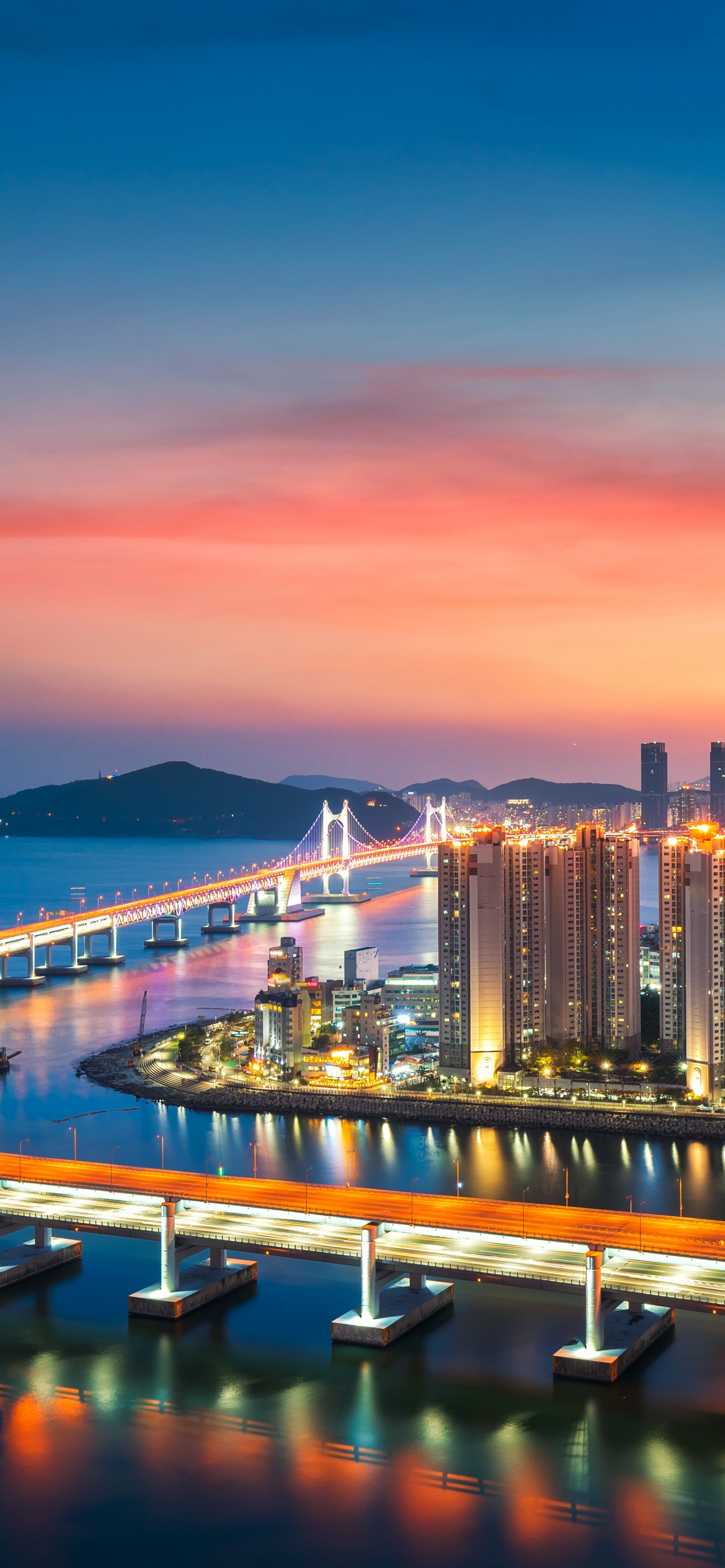 Busan Wallpaper 4K, Gwangan Bridge, City lights, Sunset, Harbor, World