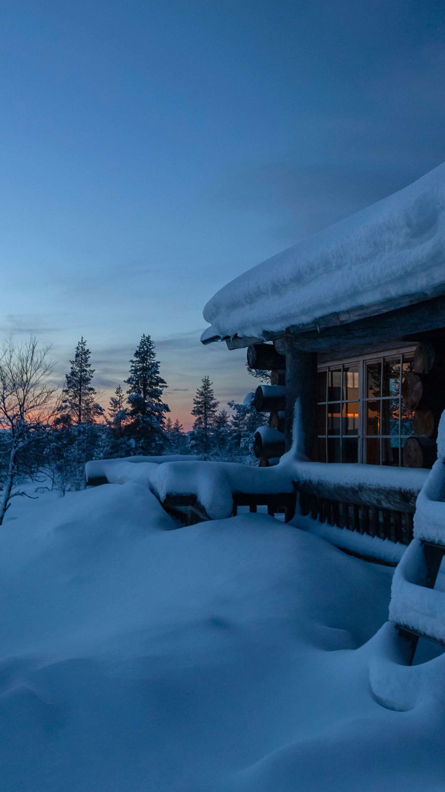 Finland Snow And Cabin Covered With Snow During Sunset 4K HD Winter Wallpaper