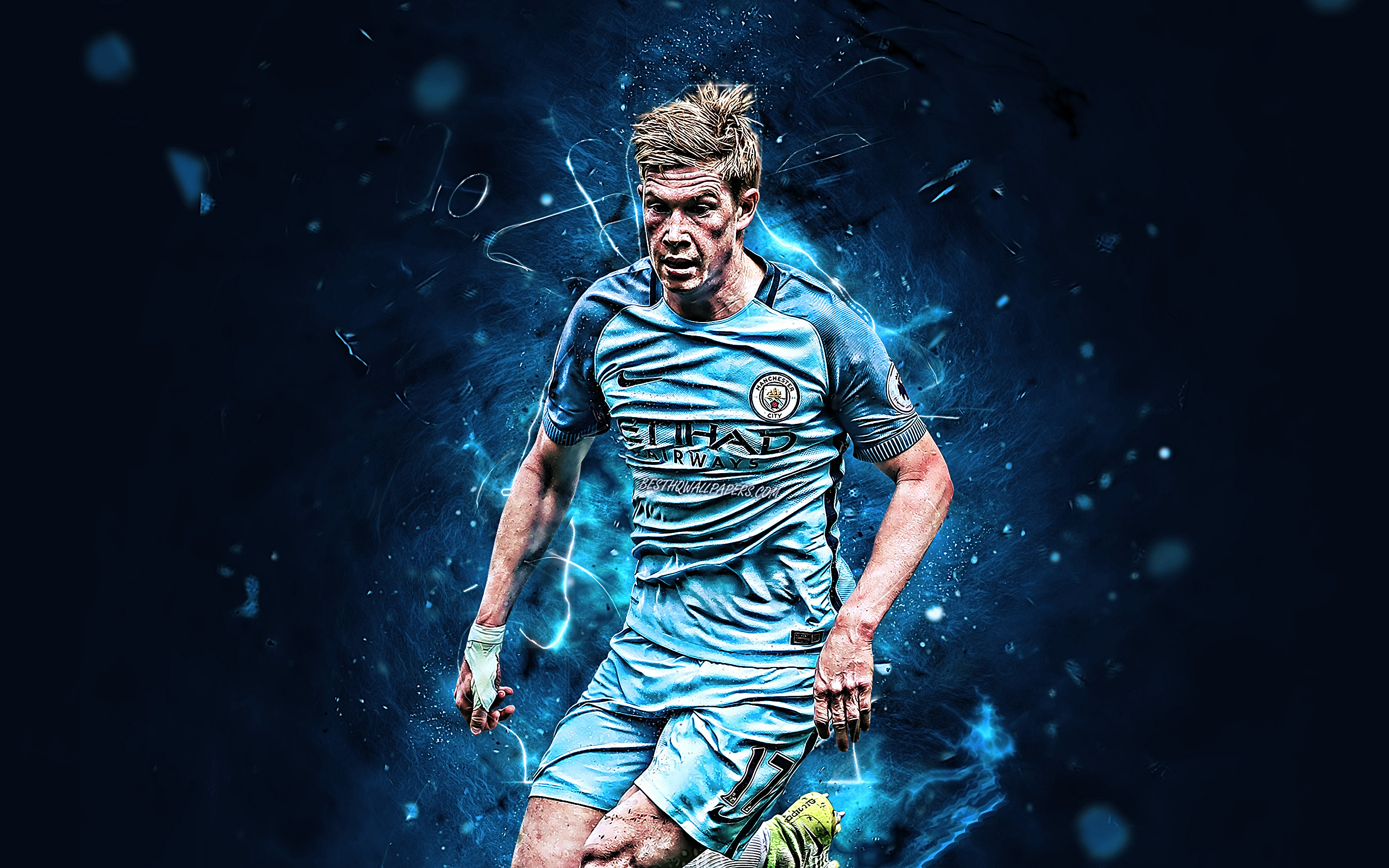 Download wallpaper Kevin De Bruyne, match, Manchester City FC, belgian footballers, soccer, De Bruyne, Premier League, Man City, football, neon lights, abstract art for desktop with resolution 2880x1800. High Quality HD picture