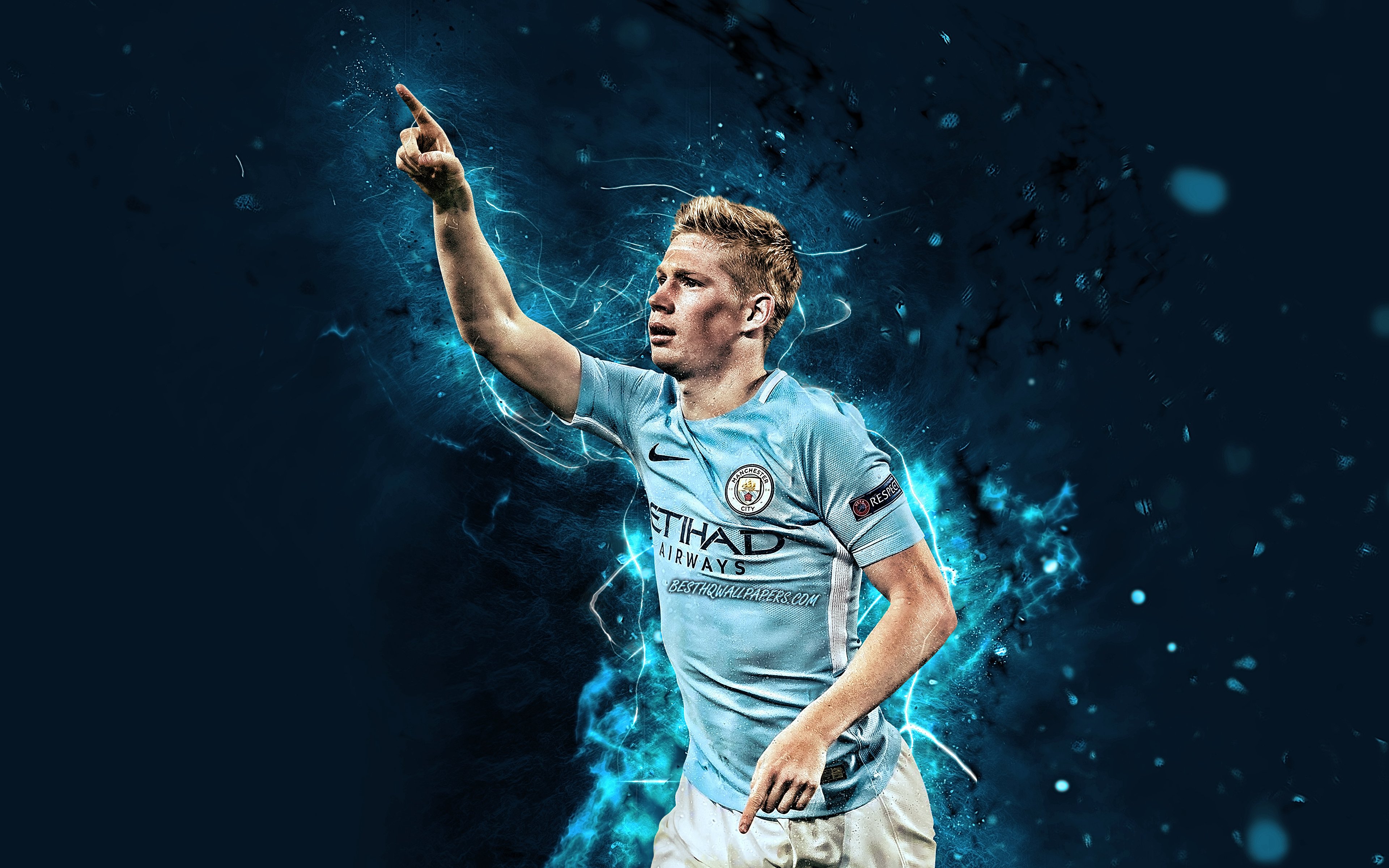 Download wallpaper 4k, Kevin De Bruyne, goal, Manchester City FC, belgian footballers, soccer, De Bruyne, Premier League, Man City, football, neon lights, Kevin De Bruyne 4k for desktop with resolution 3840x2400. High