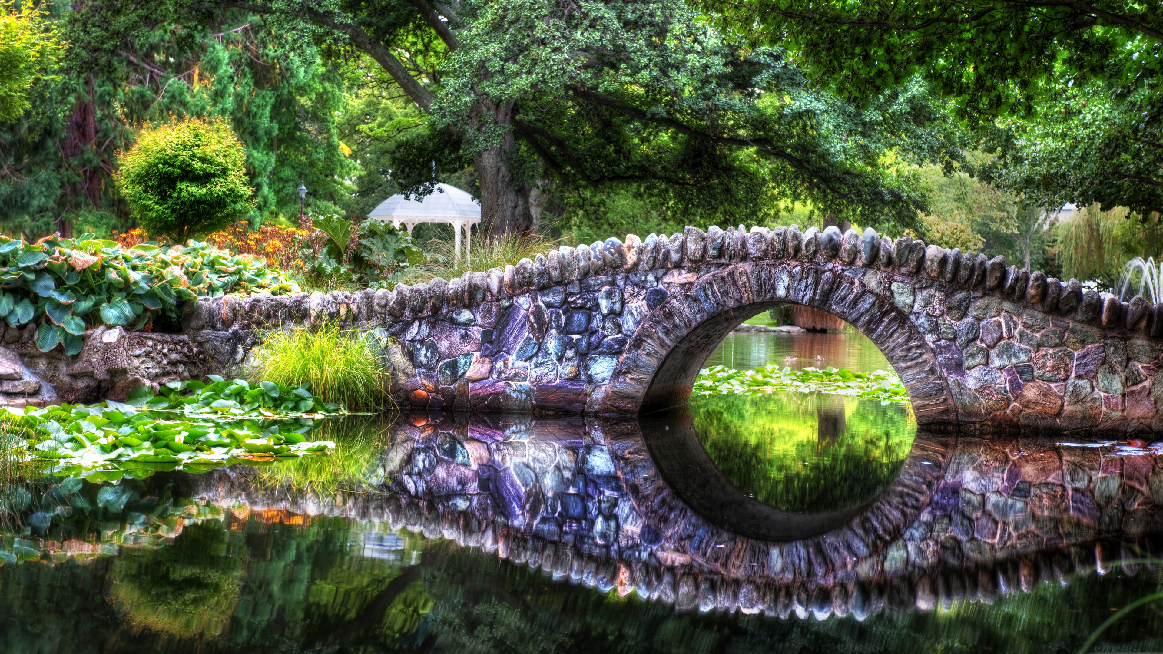 Bridge reflection pond lake wallpaperx2160