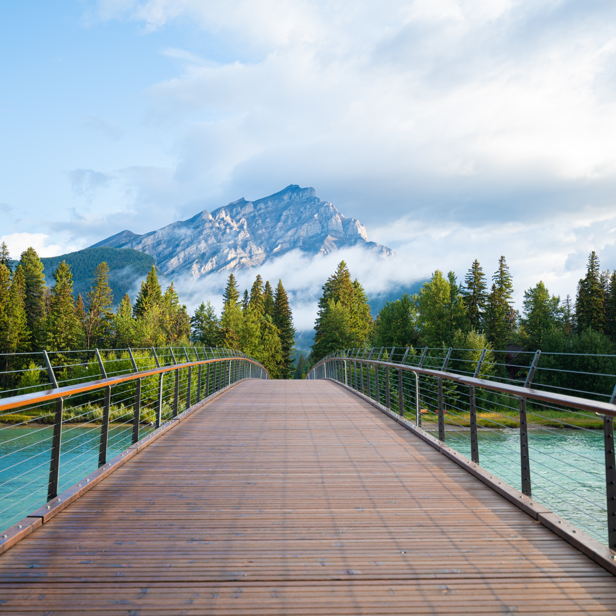 Wooden bridge Wallpaper 4K, Banff National Park, Green Trees, Mountain Peak, Nature