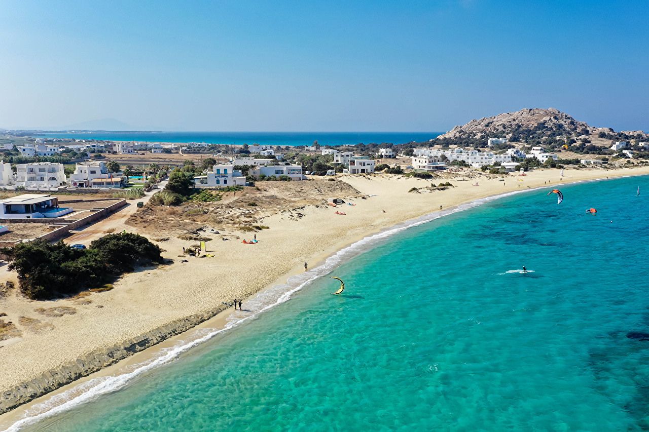 Desktop Wallpaper Greece Naxos City beaches Coast Houses Cities