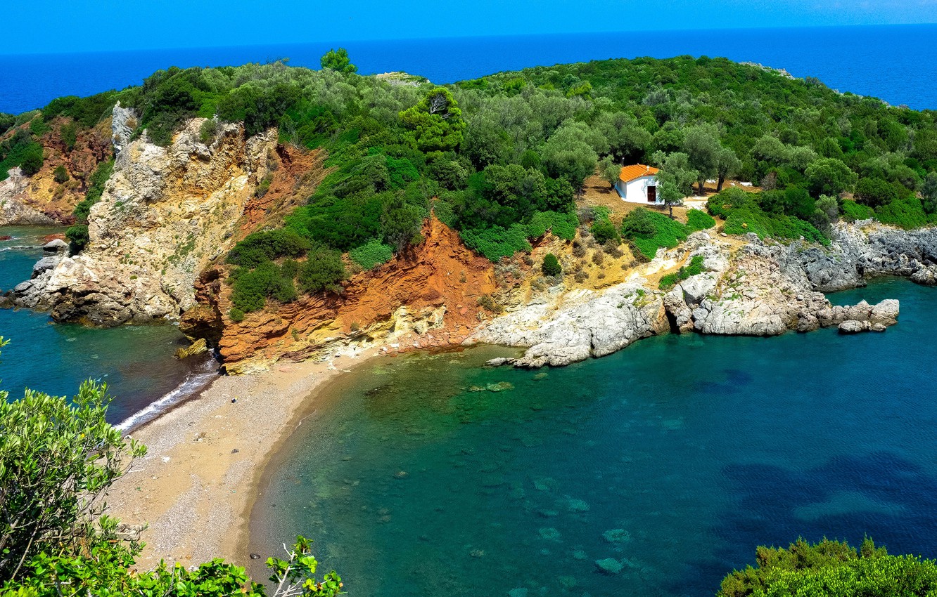 Wallpaper sea, trees, stones, coast, Greece, house, Laguna, Naxos, Agia Anna image for desktop, section пейзажи