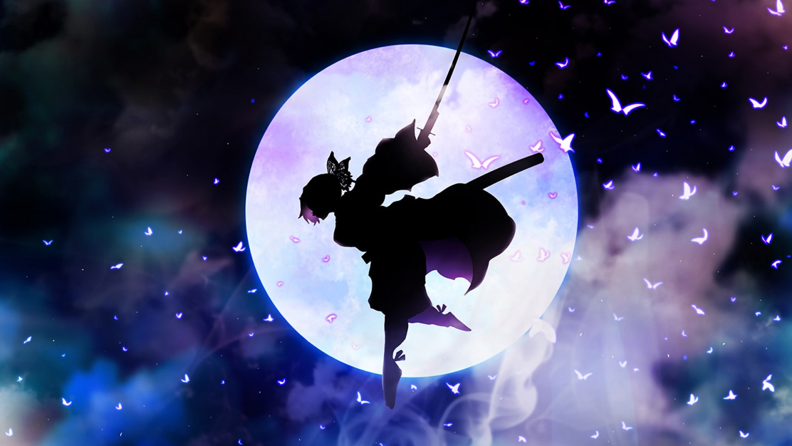 Demon Slayer Shinobu Kochou Flying With Sword With Background Of Dark Night Moon And Flying Butterflies HD Anime Wallpaper