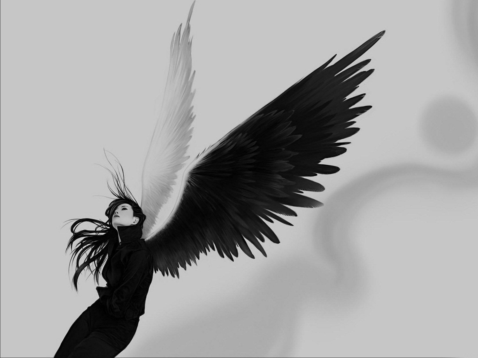 Download wallpaper 1600x1200 angel, wings, white, black, girl standard 4:3 HD background