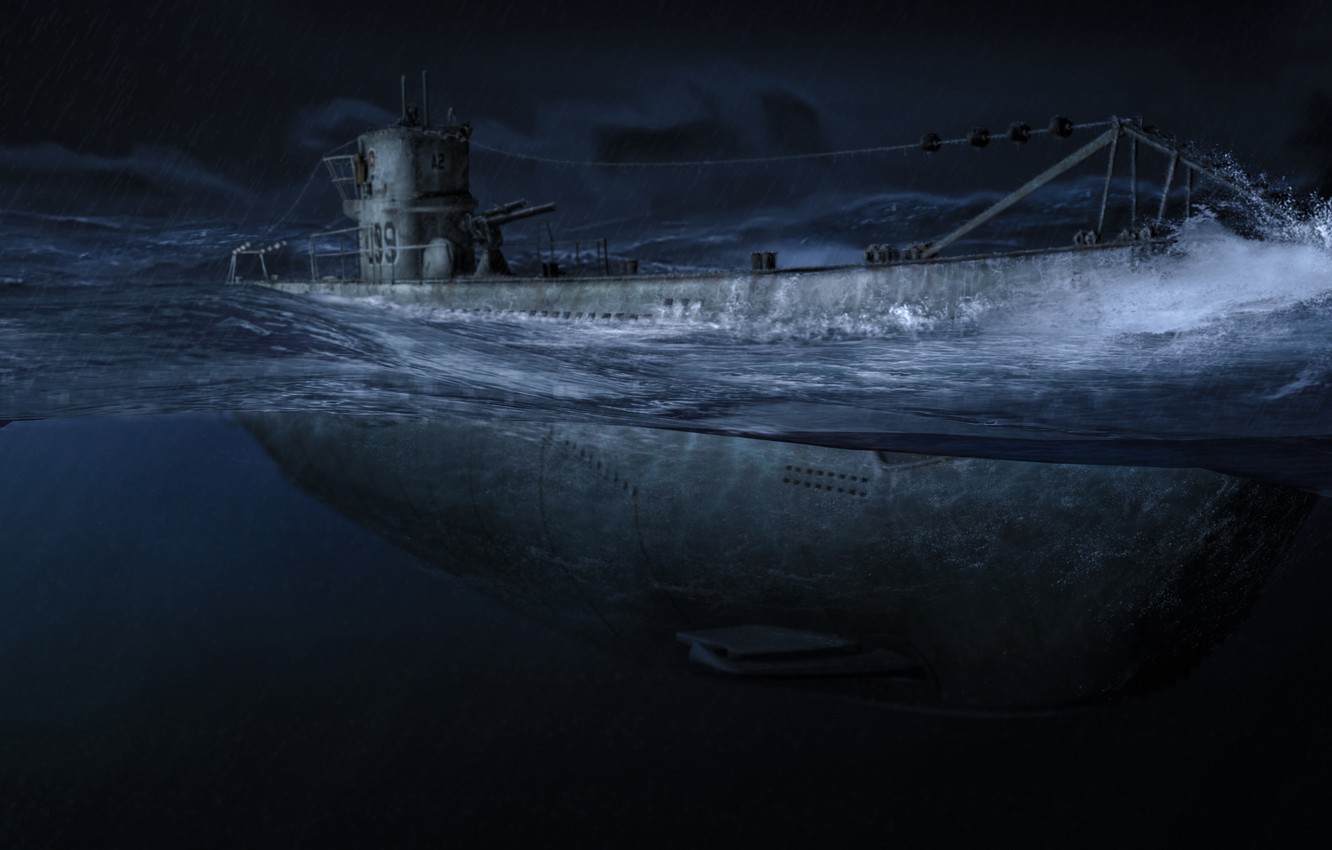 Wallpaper night, the ocean, Art, one, submarine, army, submarine, the, underwater, German, terrible, boats, U- The second world war, known image for desktop, section оружие