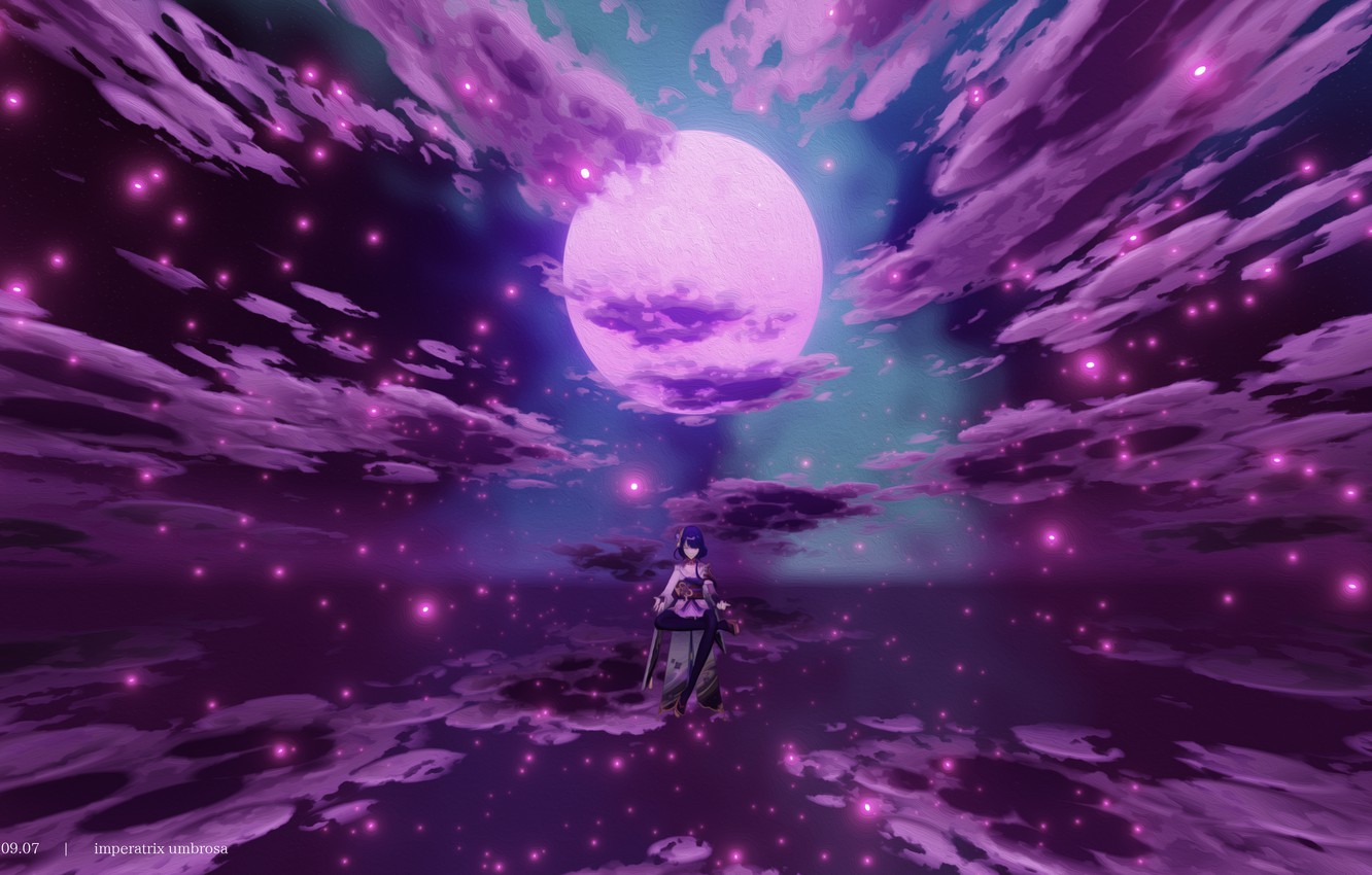 Wallpaper water, girl, clouds, night, lights, the moon, Genshin Impact, Raiden Shogun image for desktop, section игры