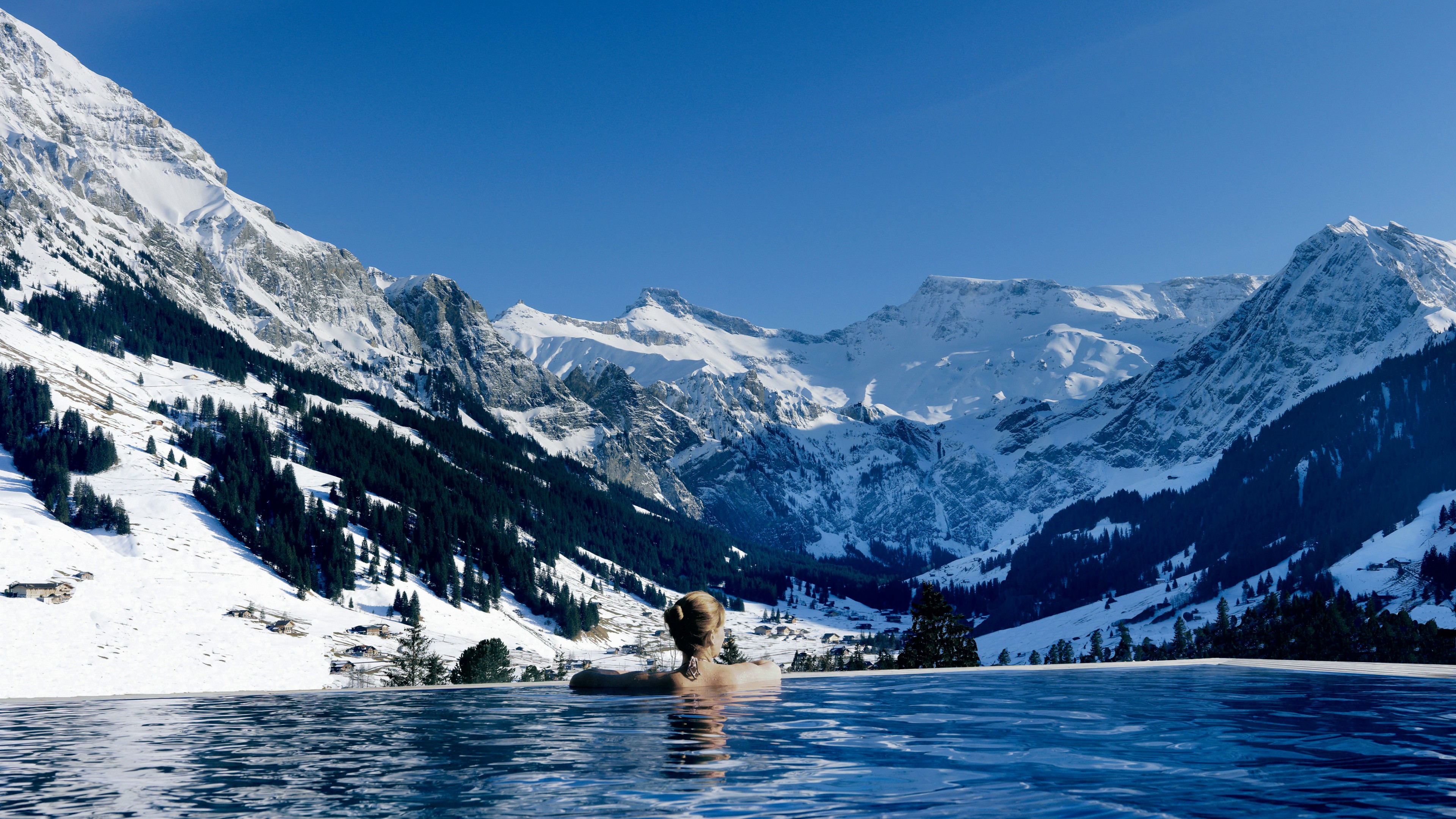 Wallpaper Cambrian hotel, 5k, 4k wallpaper, Switzerland, Infinity pool, pool, travel, tourism, Nature