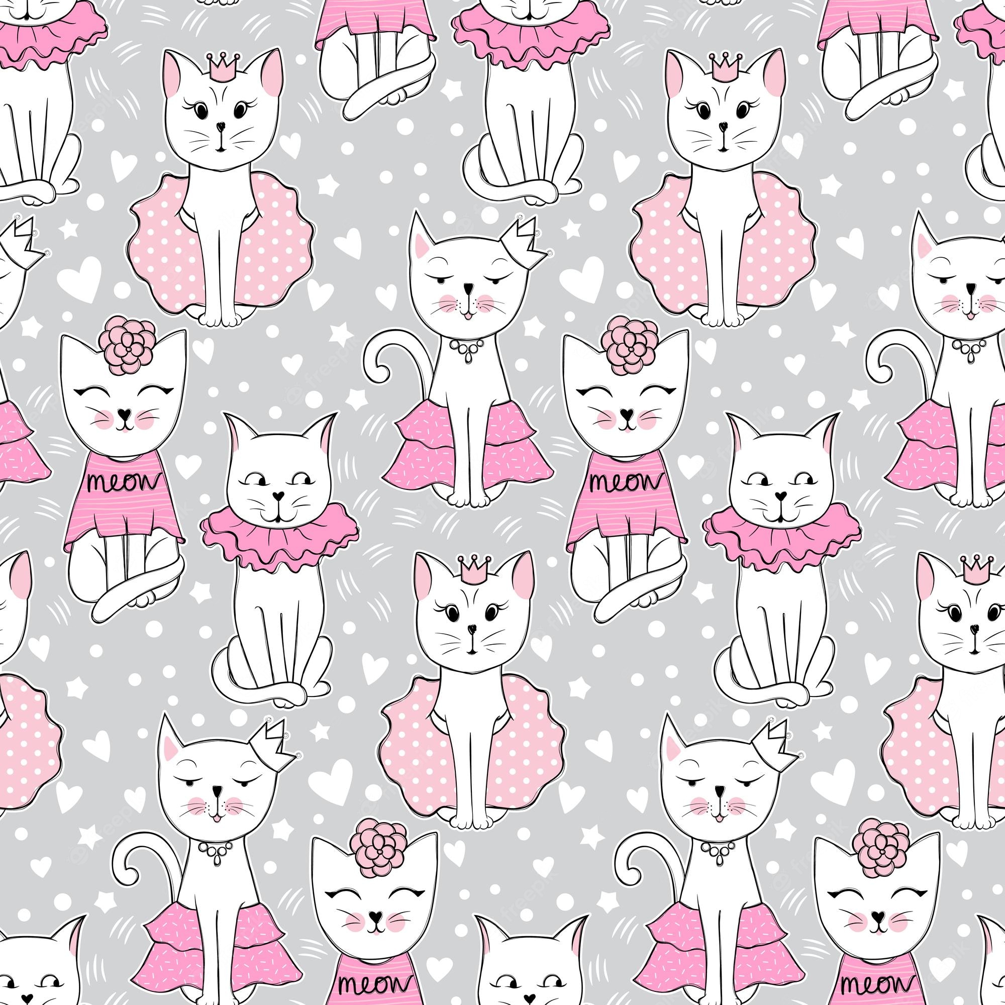 Premium Vector. Vector Funny Cat Seamless Pattern. Cute Kitten Hand Drawn Illustration. Stylish Cartoon Animals Background. Ideal For Fabric, Wallpaper, Wrapping Paper, Textile, Bedding, T Shirt Print