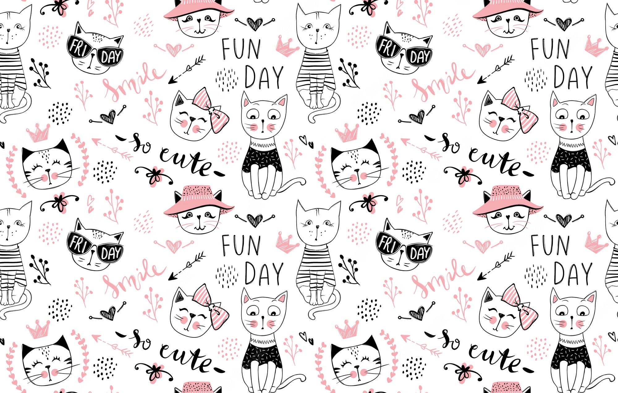 Premium Vector. Vector Fashion Cat Seamless Pattern. Cute Kitten Illustration In Sketch Style. Cartoon Animals Background. Doodle Kitty. Ideal For Fabric, Wallpaper, Wrapping Paper, Textile, Bedding, T Shirt Print