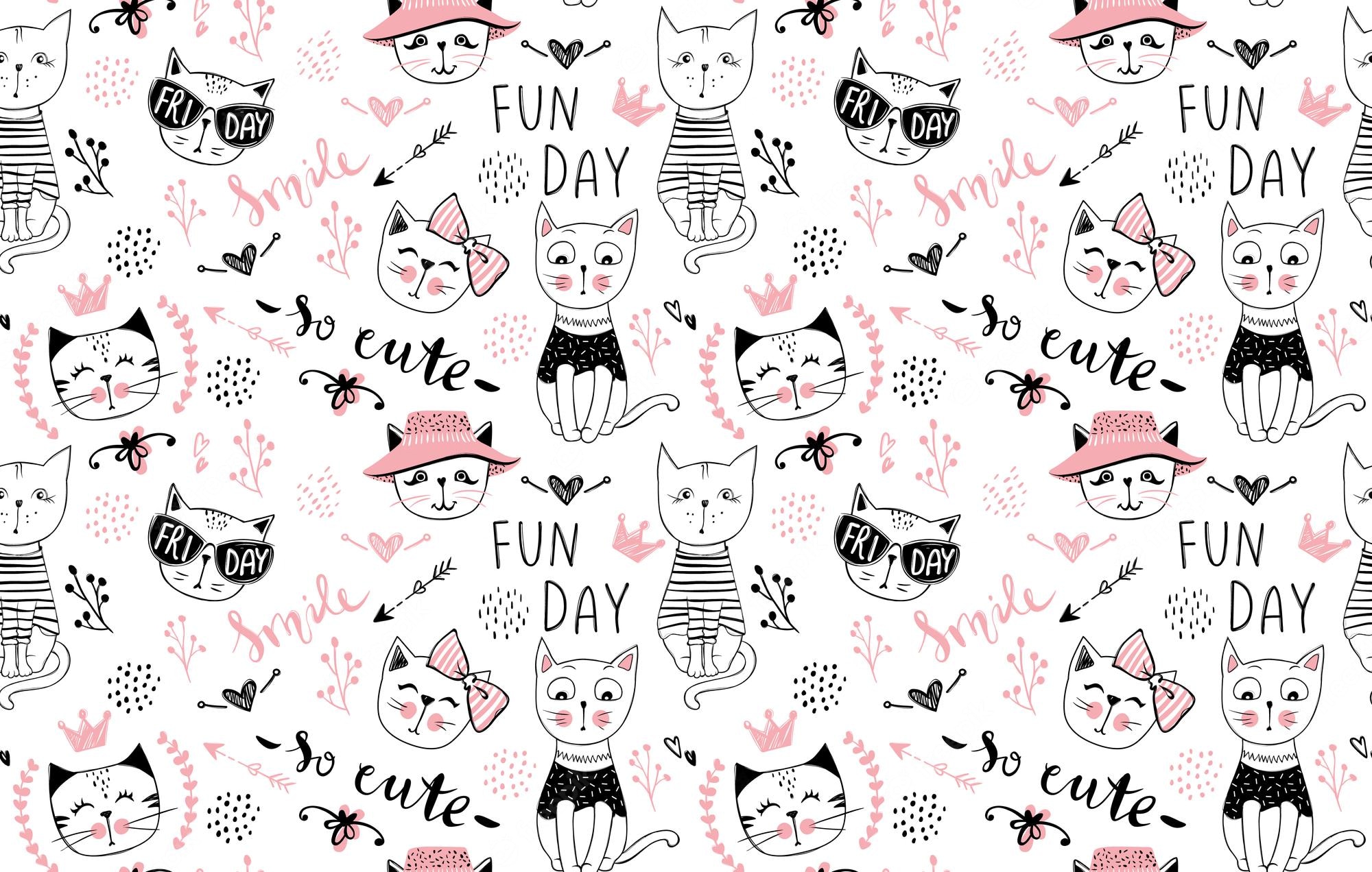 Premium Vector. Vector Fashion Cat Seamless Pattern. Cute Kitten Illustration In Sketch Style. Cartoon Animals Background. Doodle Kitty. Ideal For Fabric, Wallpaper, Wrapping Paper, Textile, Bedding, T Shirt Print