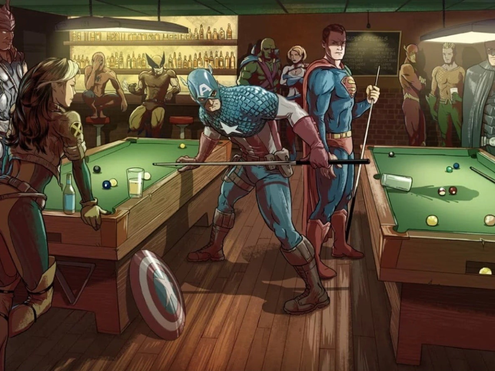 Superheroes Wallpaper, Captain America, Superman And Thor Playing Billiards Illustration • Wallpaper For You