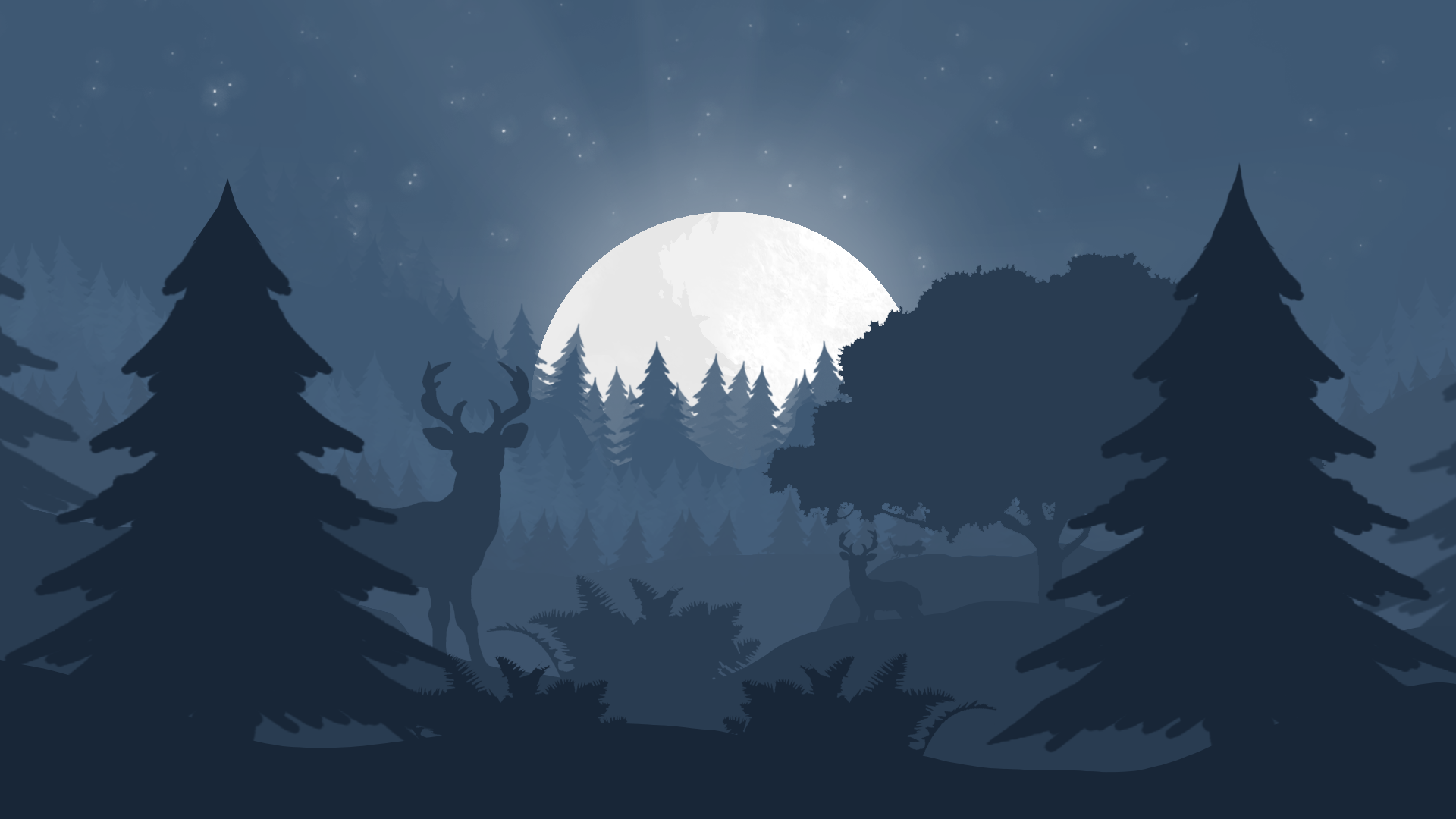 Desktop Wallpaper Forest, Reindeer, Tree, Night, Minimal, Art, HD Image, Picture, Background, De2f68