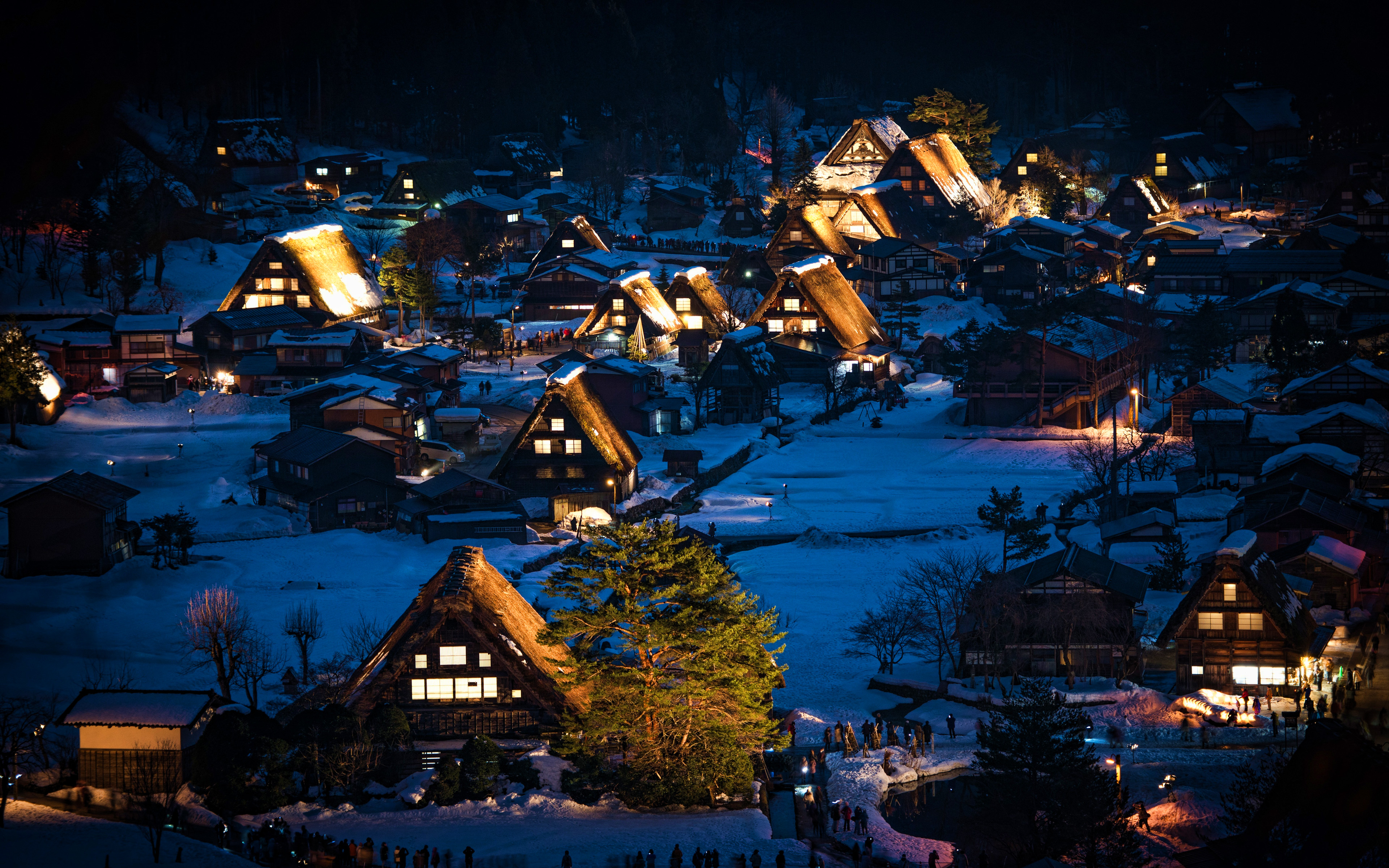 Download Wallpaper Shirakawa Go, 4k, Winter, Village, Snowdrifts, Shirakawa, Gifu, Japan, Nightscapes, Shirakawa Mura, Shirakawago For Desktop With Resolution 3840x2400. High Quality HD Picture Wallpaper