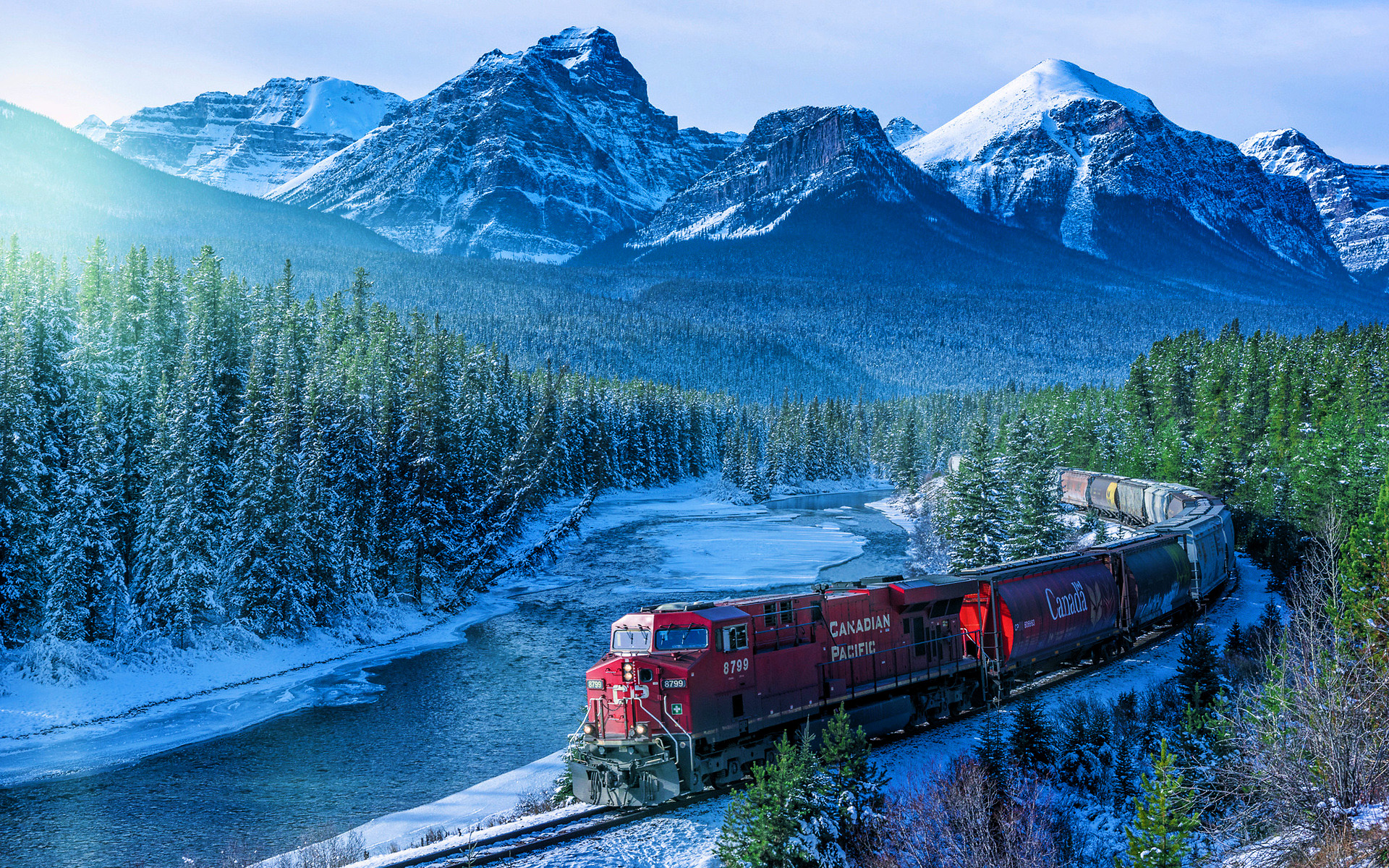 Download wallpaper Canada, winter, beautiful nature, railway, cargo train, mountains, lake, Canadian Pacific Railway, North America, HDR for desktop with resolution 1920x1200. High Quality HD picture wallpaper