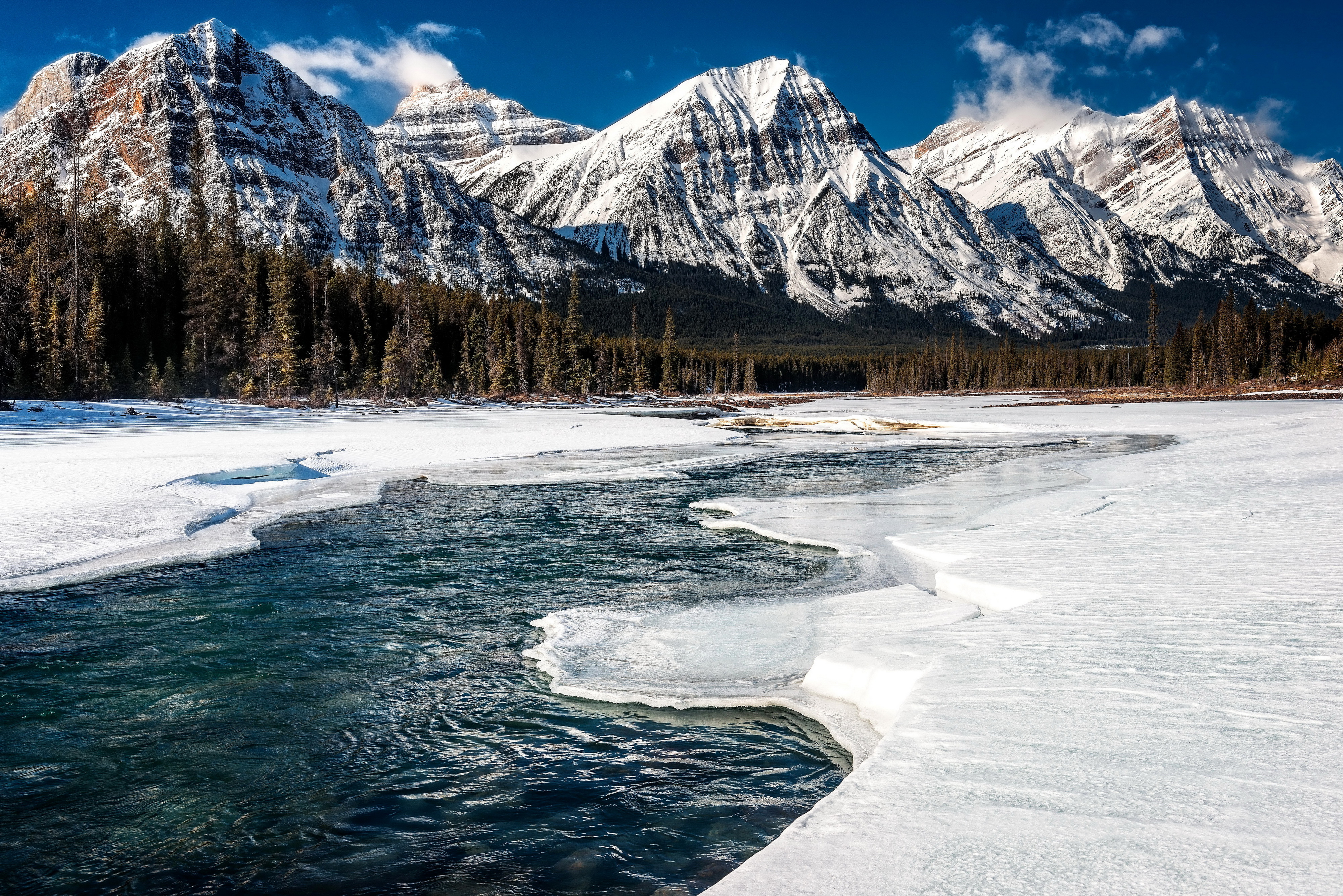 Download Wallpaper snow winter river canada mountains, 4000x Mountains and frozen river, Canada