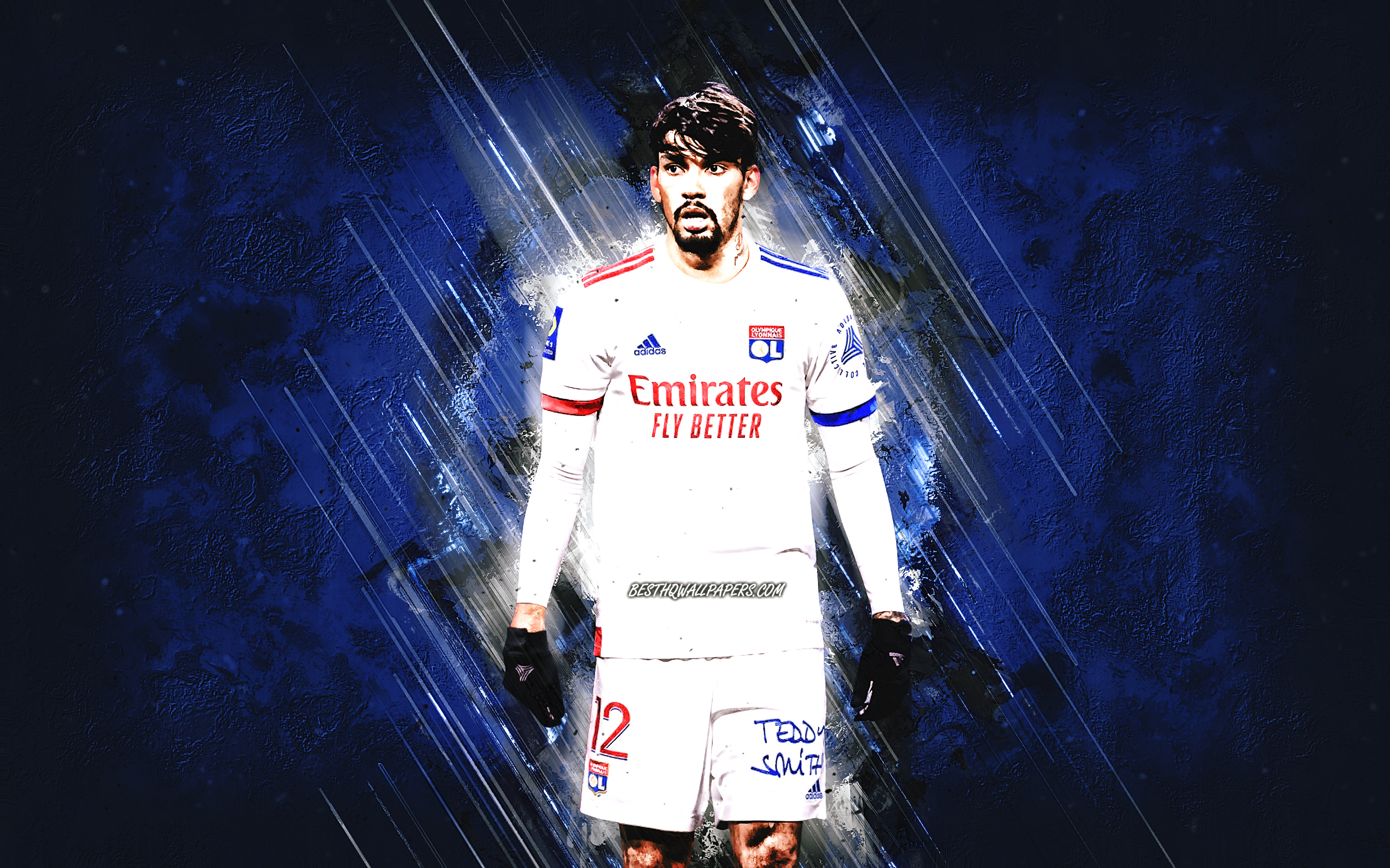 Download wallpaper Lucas Paqueta, Olympique Lyonnais, Brazilian footballer, portrait, Lyon, League 1, blue stone background, football for desktop with resolution 2880x1800. High Quality HD picture wallpaper