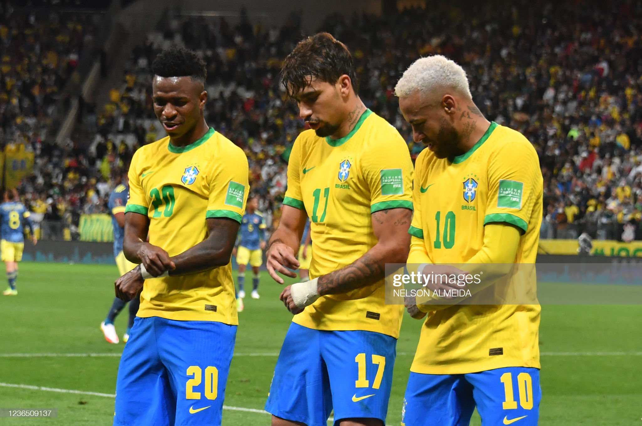 Brazil's Lucas Paqueta celebrates with teammates Vinicius Junior and. News Photo