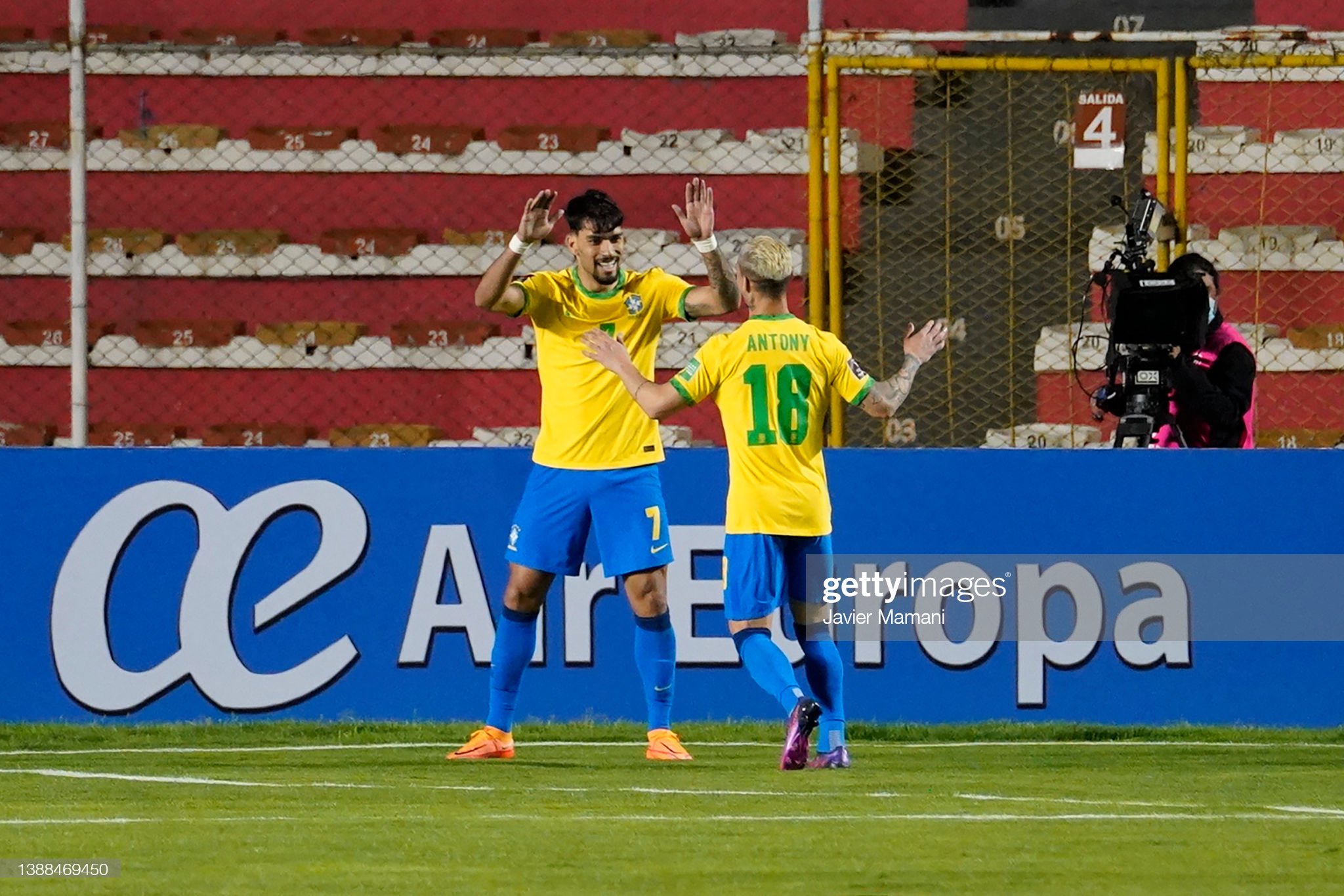 Lucas Paqueta of Brazil celebrates with teammate Antony of Brazil. News Photo