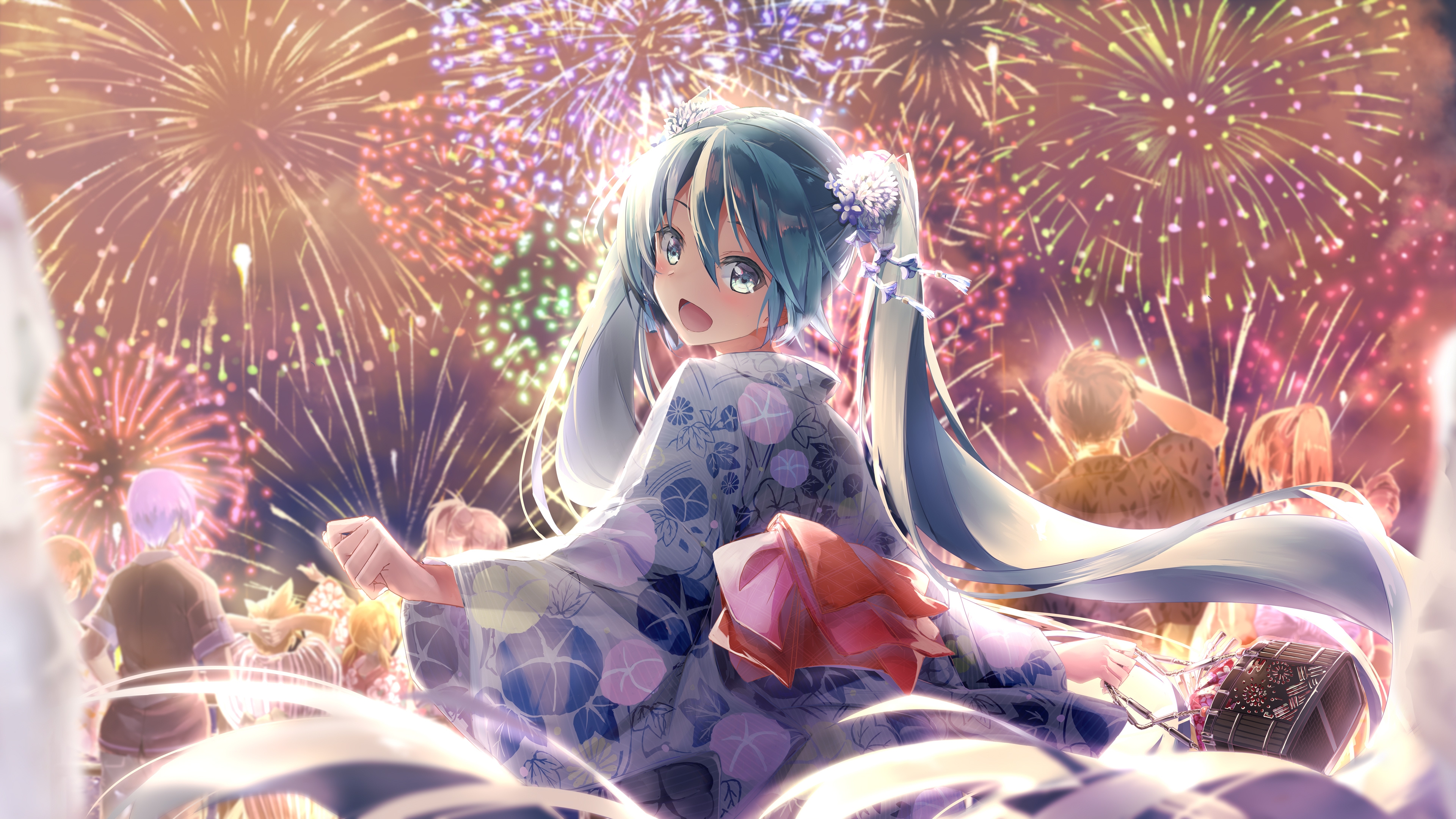 Download 3840x2160 Hatsune Miku, Yukata, Festival, Back View, Twintails, Summer, Smiling, Vocaloid Wallpaper for UHD TV