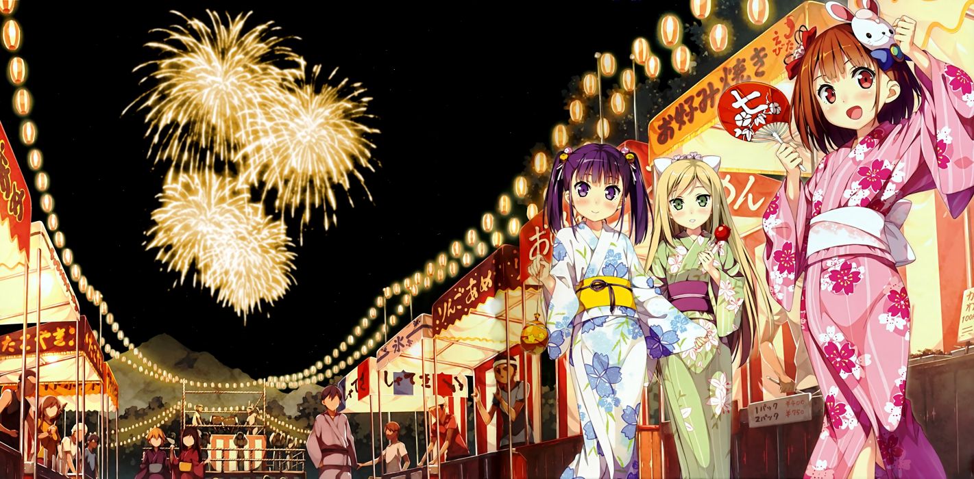 Blush bow brown hair candy fan festival fireworks green eyes kantoku long hair photohop red eyes scan short hair summer twintails watermark yukata wallpaperx2000