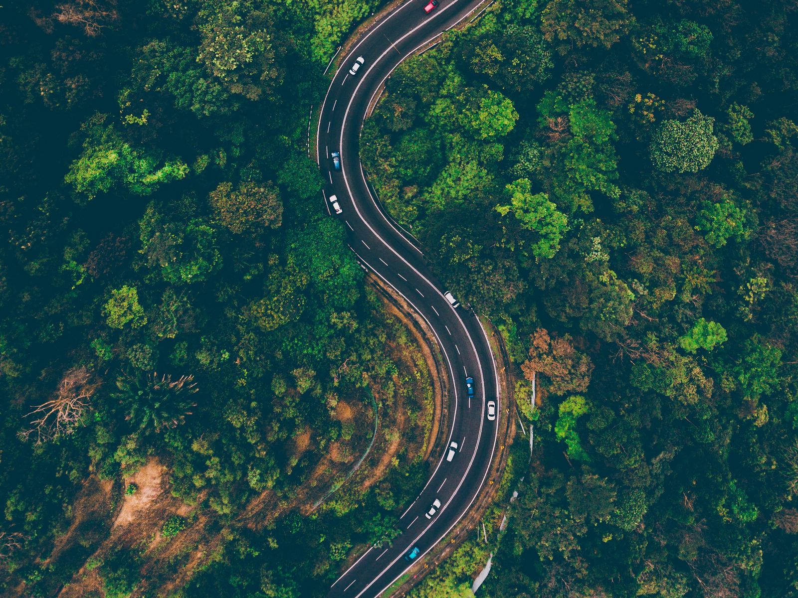 Download wallpaper 1600x1200 road, view from above, trees, winding road, batang kali, malaysia standard 4:3 HD background
