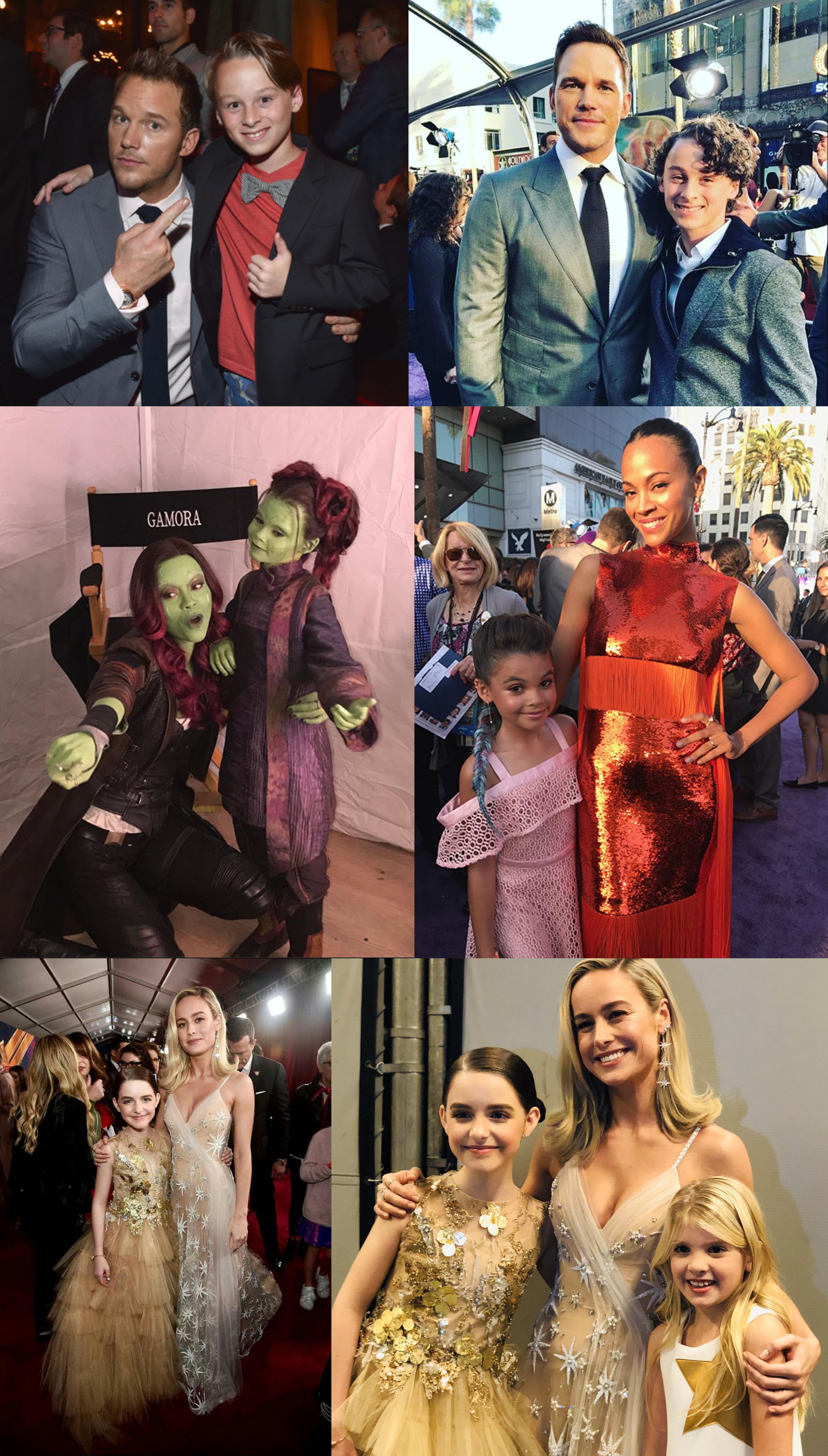 Christ Pratt, Zoe Saldana and Brie Larson with the child actors who interpreted the child version of their characters