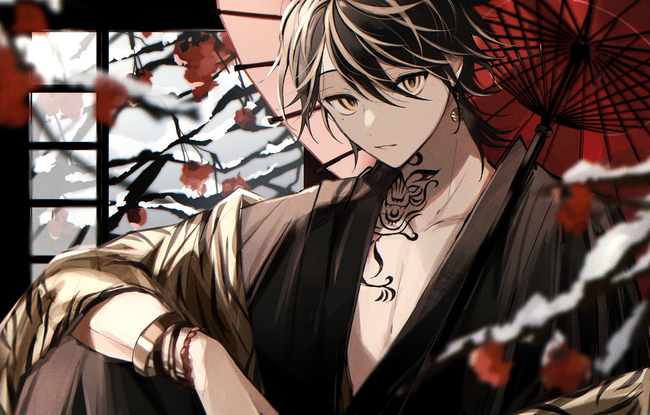 Wallpaper snow, umbrella, tattoo, guy, Kazutora Hanemiya, Tokyo Revengers image for desktop, section арт