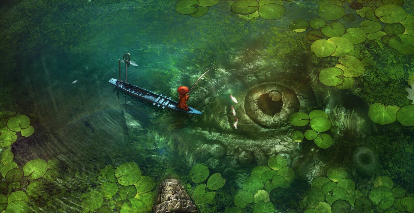 Monster lake fantasy red green fish wallpaperx1546