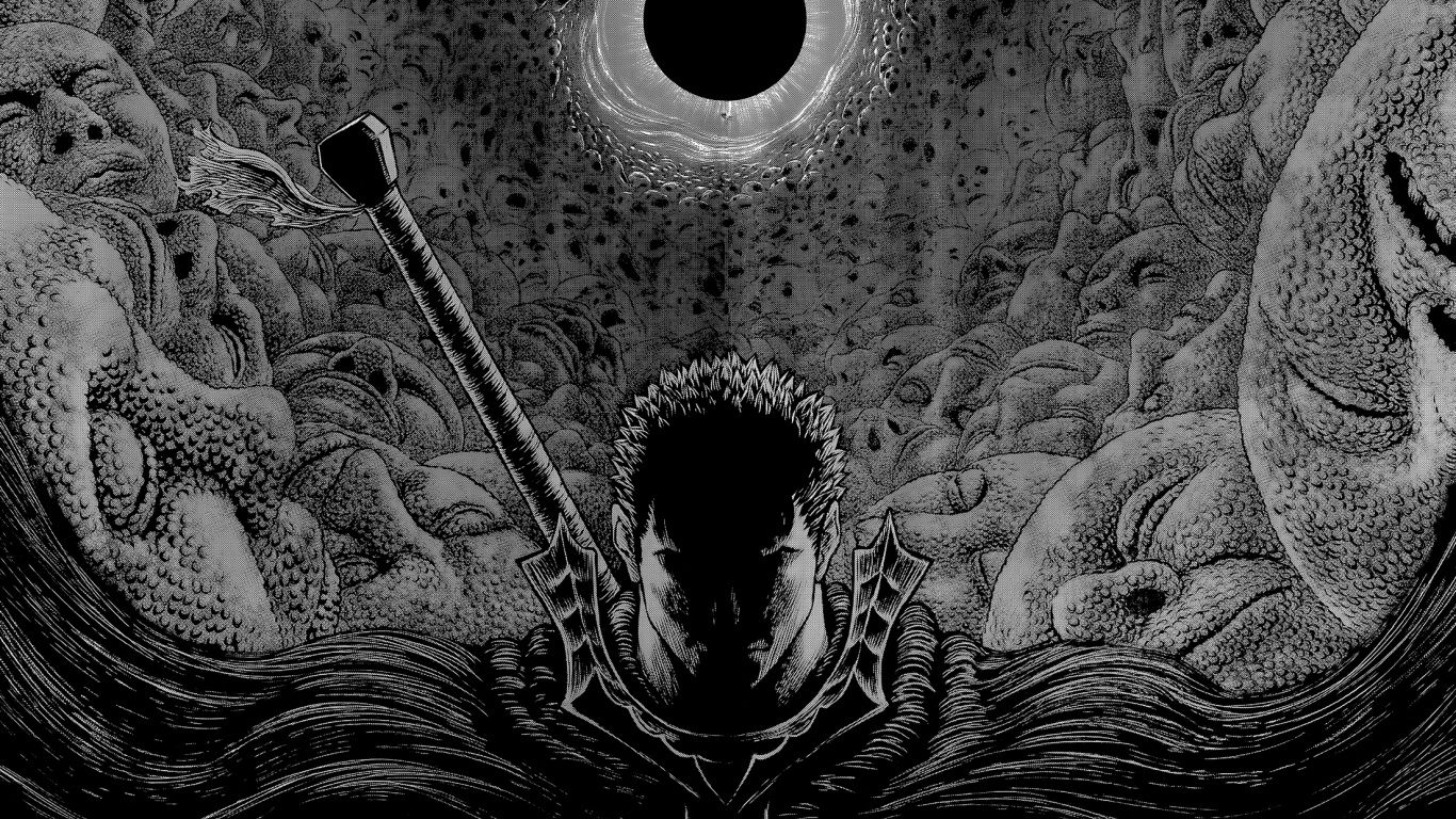Download Black and white, Berserk, anime boy, warrior wallpaper, 1366x768, Tablet, laptop
