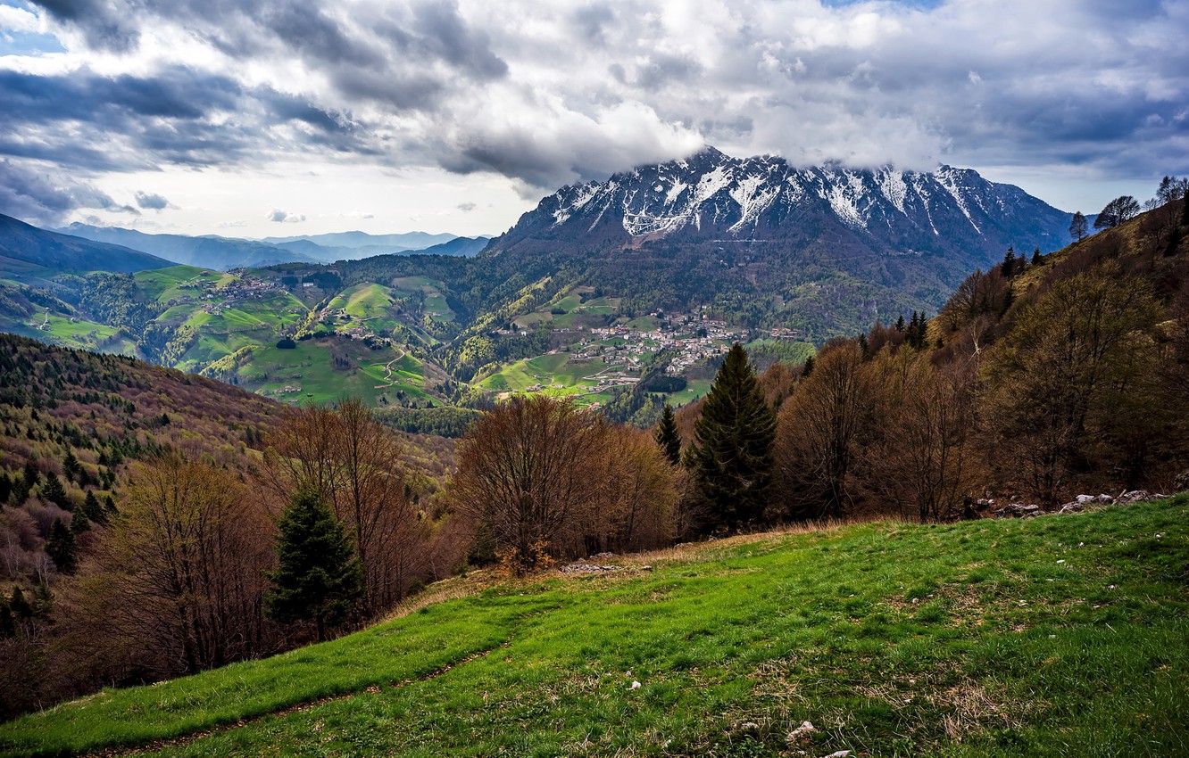 Wallpaper forest, clouds, trees, mountains, field, spring, valley, slope, Italy, panorama, meadows, hill image for desktop, section пейзажи