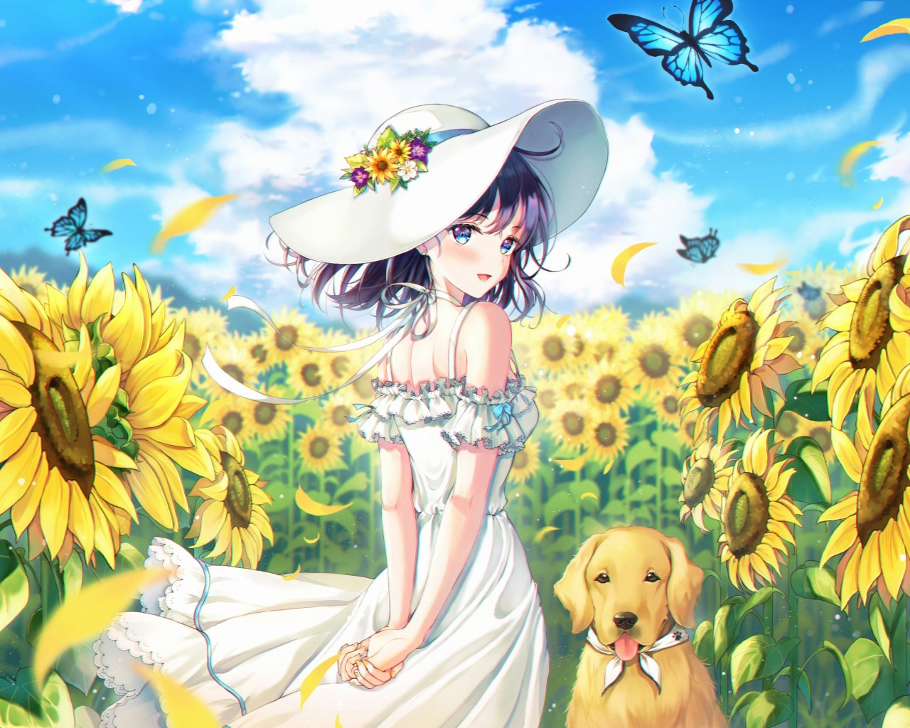 Download 1280x1024 Anime Girl, Summer Dress, Dog, Sunflower Field, Hat, Butterfly Wallpaper