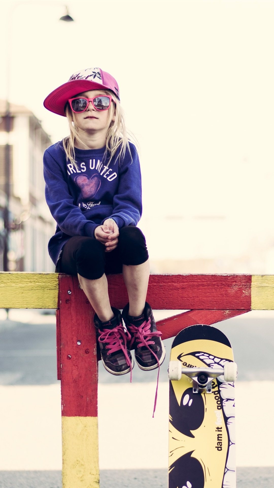 Cute Little Girl, Glasses, Fence, Skateboard, Street 1080x1920 IPhone 8 7 6 6S Plus Wallpaper, Background, Picture, Image
