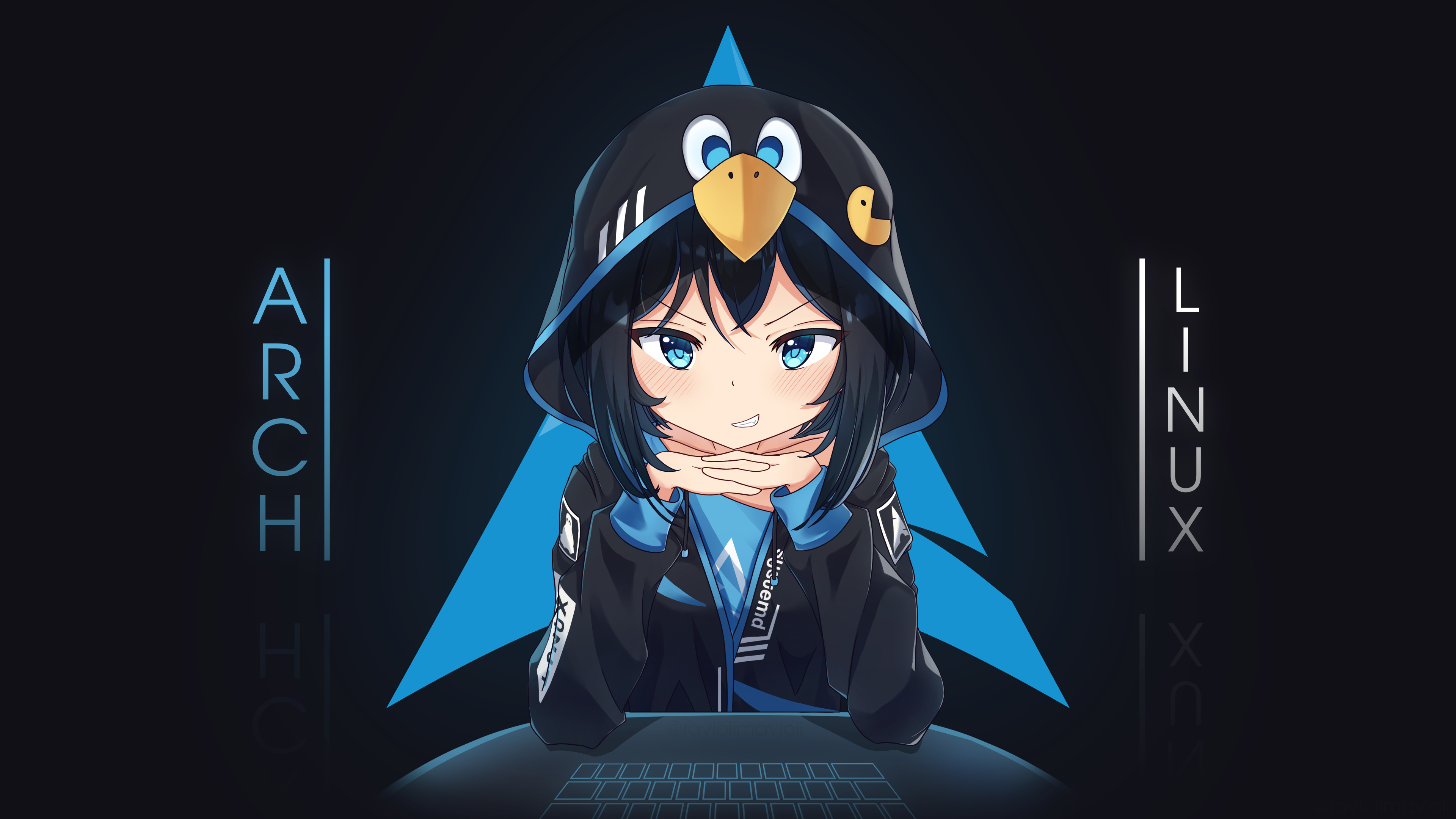 Anime Anime Girls Technology Software Arch Linux Dark Background White Skin Blue Eyes Fan Art Wallpaper:3840x2160