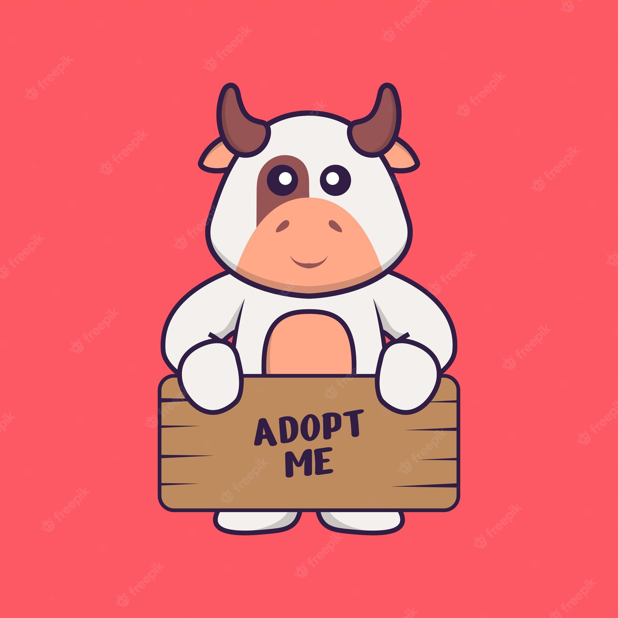 Premium Vector. Cute cow holding a poster adopt me. animal cartoon concept isolated. flat cartoon style