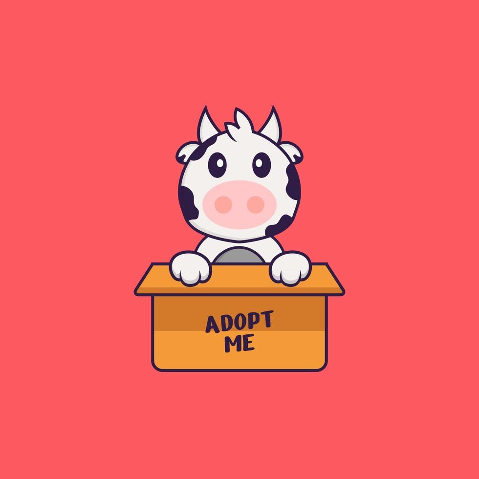Cute Cow In Box With A Poster Adopt Me. Animal Cartoon Concept Isolated. Can Used For T Shirt, Greeting Card, Invitation Card Or Mascot. Flat Cartoon Style