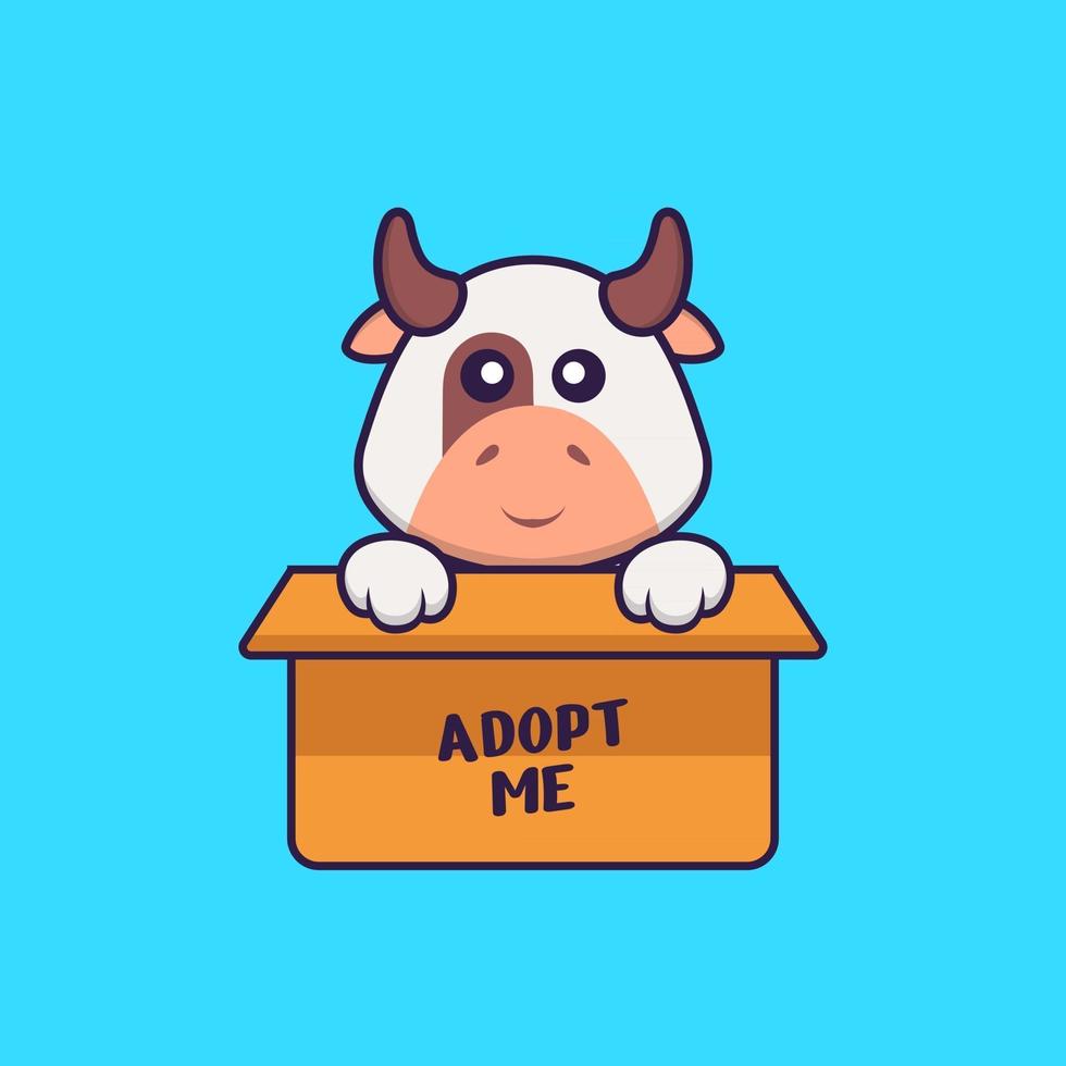 Cute Cow In Box With A Poster Adopt Me. Animal Cartoon Concept Isolated. Can Used For T Shirt, Greeting Card, Invitation Card Or Mascot. Flat Cartoon Style