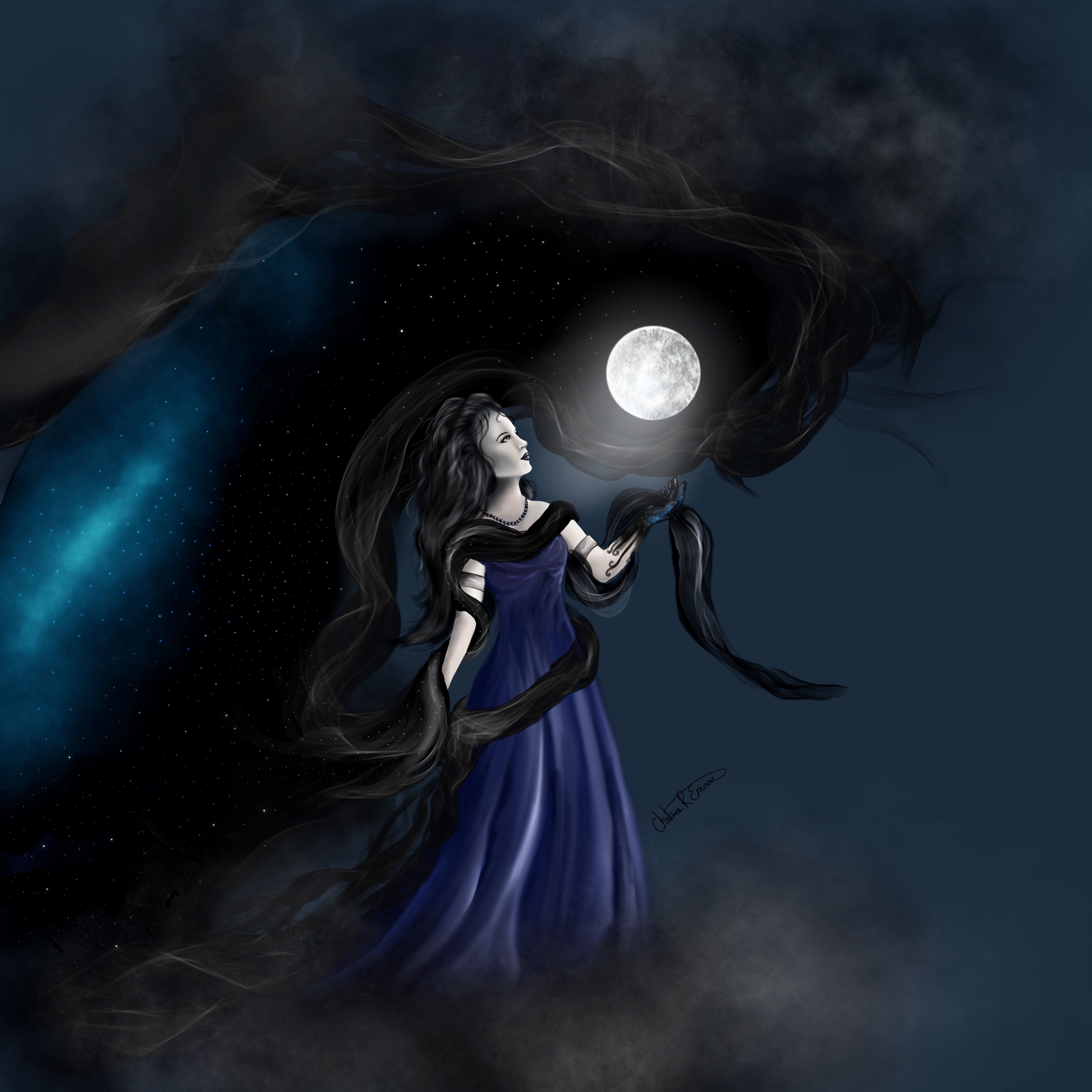 This is my version of Nyx Goddess of night. I love how I made her dress and the smoke form around herself. The stars and the co. Gerçeküstü sanat, Mitoloji, Sanat