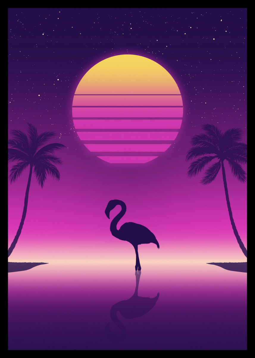 Sunset Flamingo' Poster by Denis Orio Ibañez. Displate. Retro painting, Synthwave art, Cool artwork