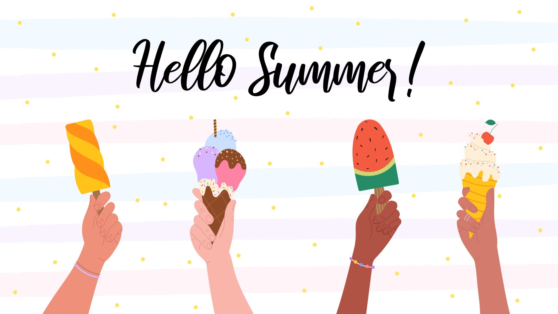 Hello summer of cute ice cream in hands on pastel background. Vector illustration