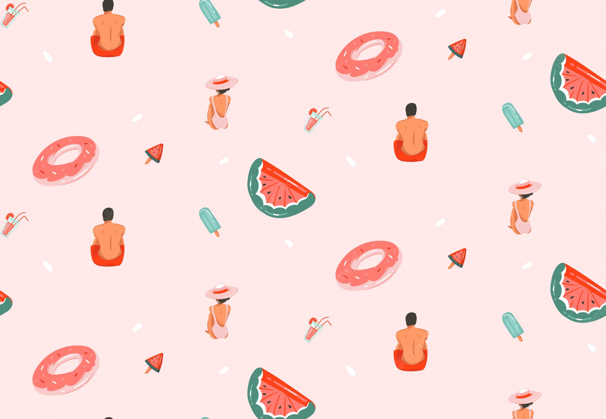 Premium Vector. Hand drawn abstract graphic cartoon summer time illustrations seamless patterns with cocktails, float rings ans beach people on pink pastel background