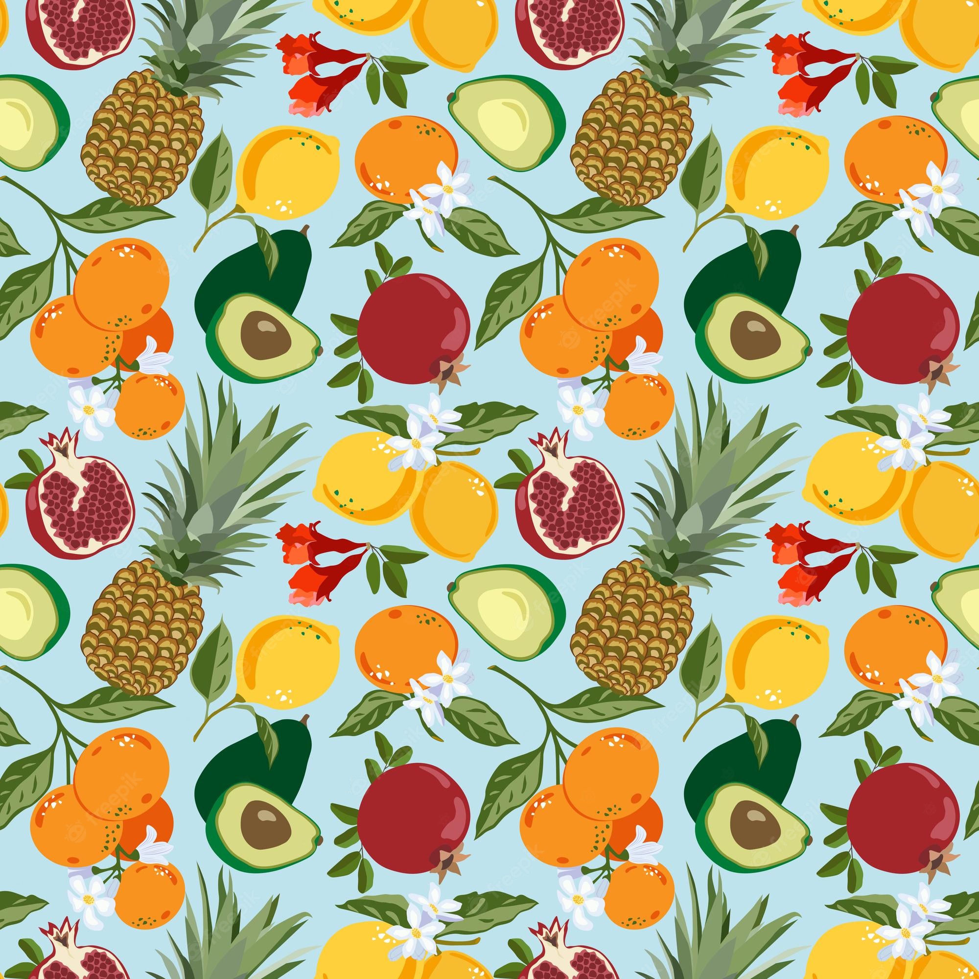 Premium Vector. Seamless pattern with mix of tropical fruits and flowers pineapples pomegranates lemons orange tangerines cute vector pastel background bright illustration of summer fruits