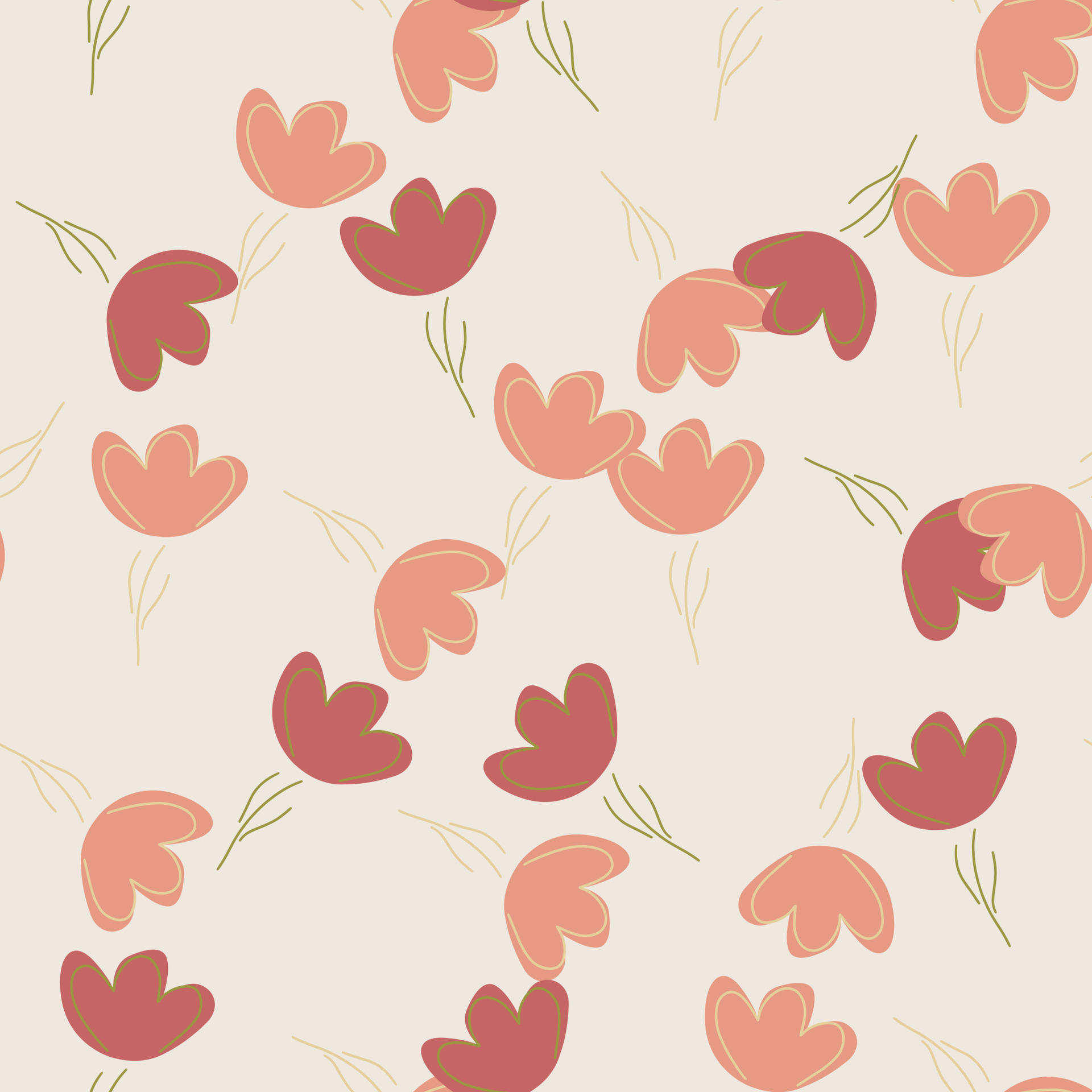 Summer seamless pattern with pink random outline flowers elements print. Grey pastel background