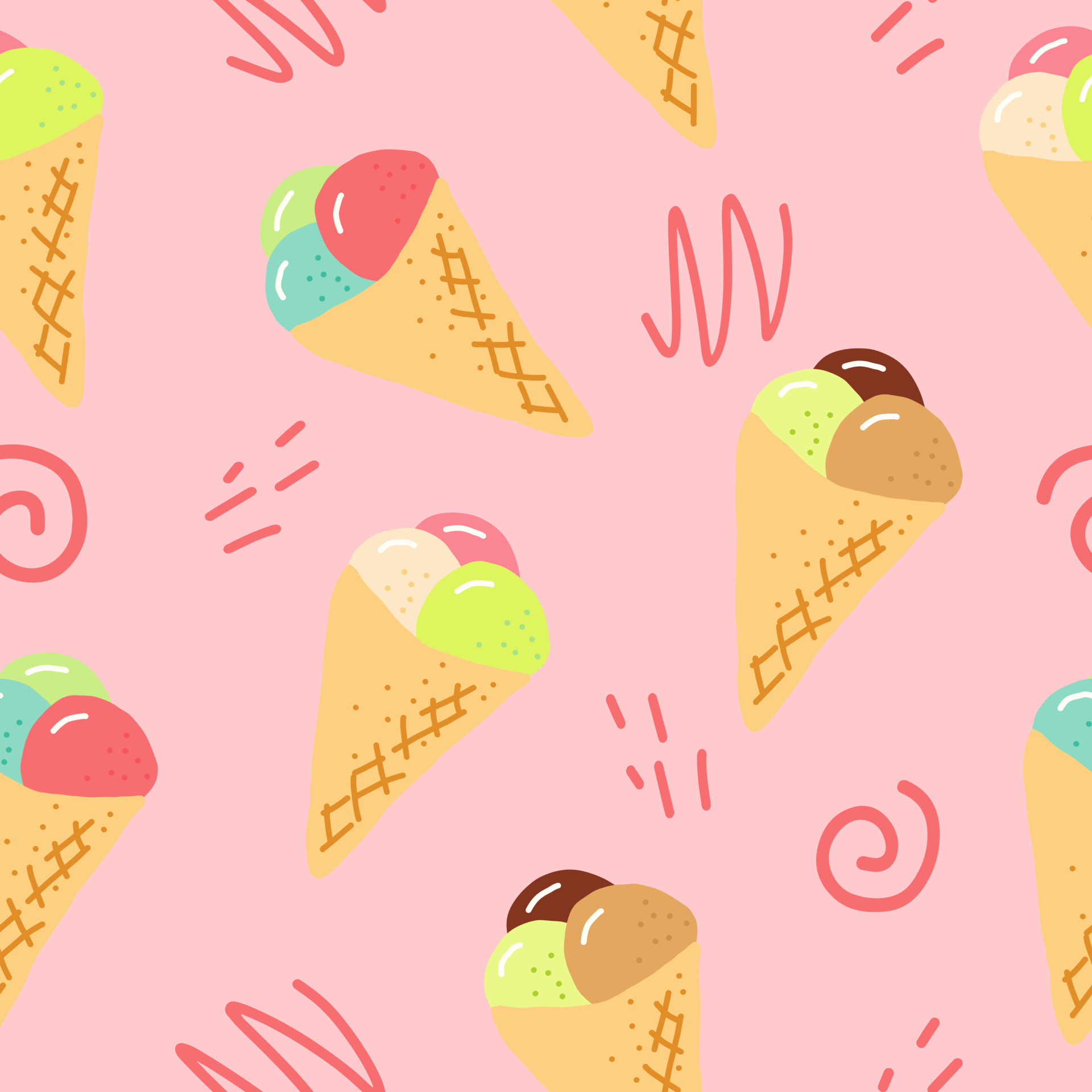ice cream in waffle cone seamless pattern. hand drawn doodle., cartoon. wallpaper, textiles, fabric, wrapping paper. food, sweet refreshing bright summer