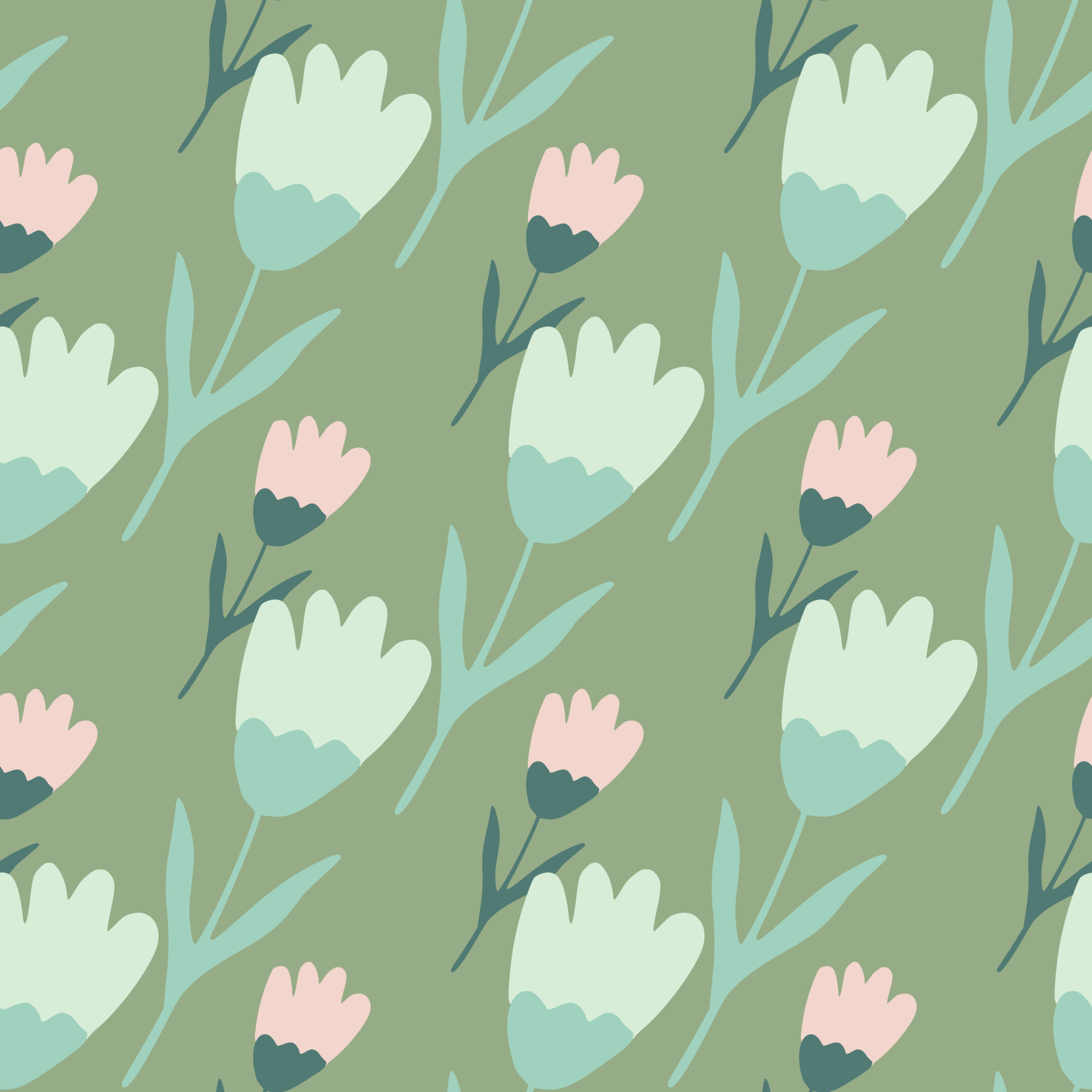 Geometric tulip seamless pattern on green background. Abstract floral backdrop. Summer flower wallpaper