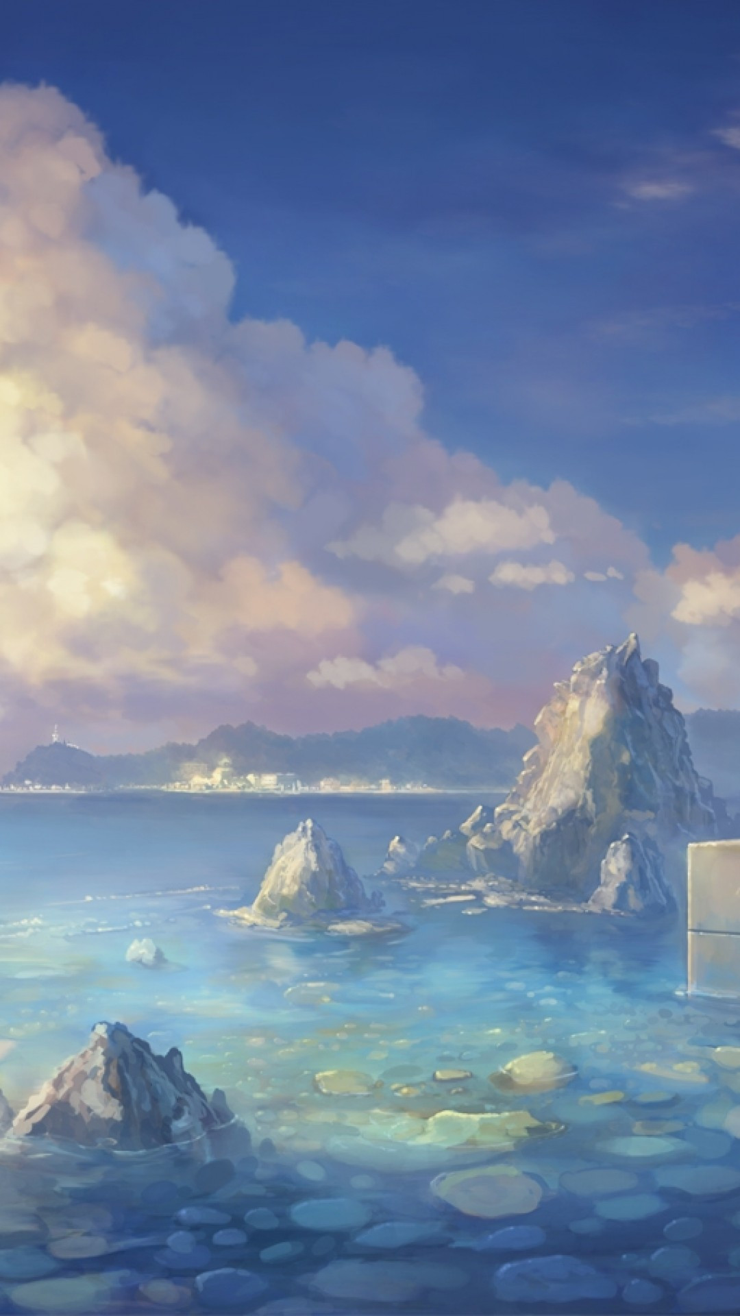 Download 1080x1920 Anime Girl, Anime Landscape, Summer Dress, Ocean, Clouds Wallpaper for iPhone 8, iPhone 7 Plus, iPhone 6+, Sony Xperia Z, HTC One