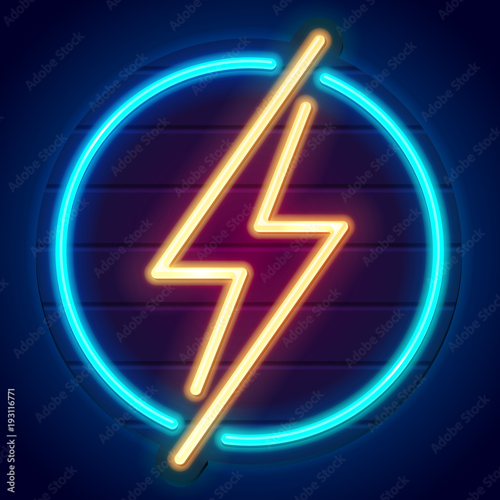 Neon thunderbolt on a signboard. Logo on dark background. Yellow lightning bolt in blue circle. Eps10 vector Stock Vector