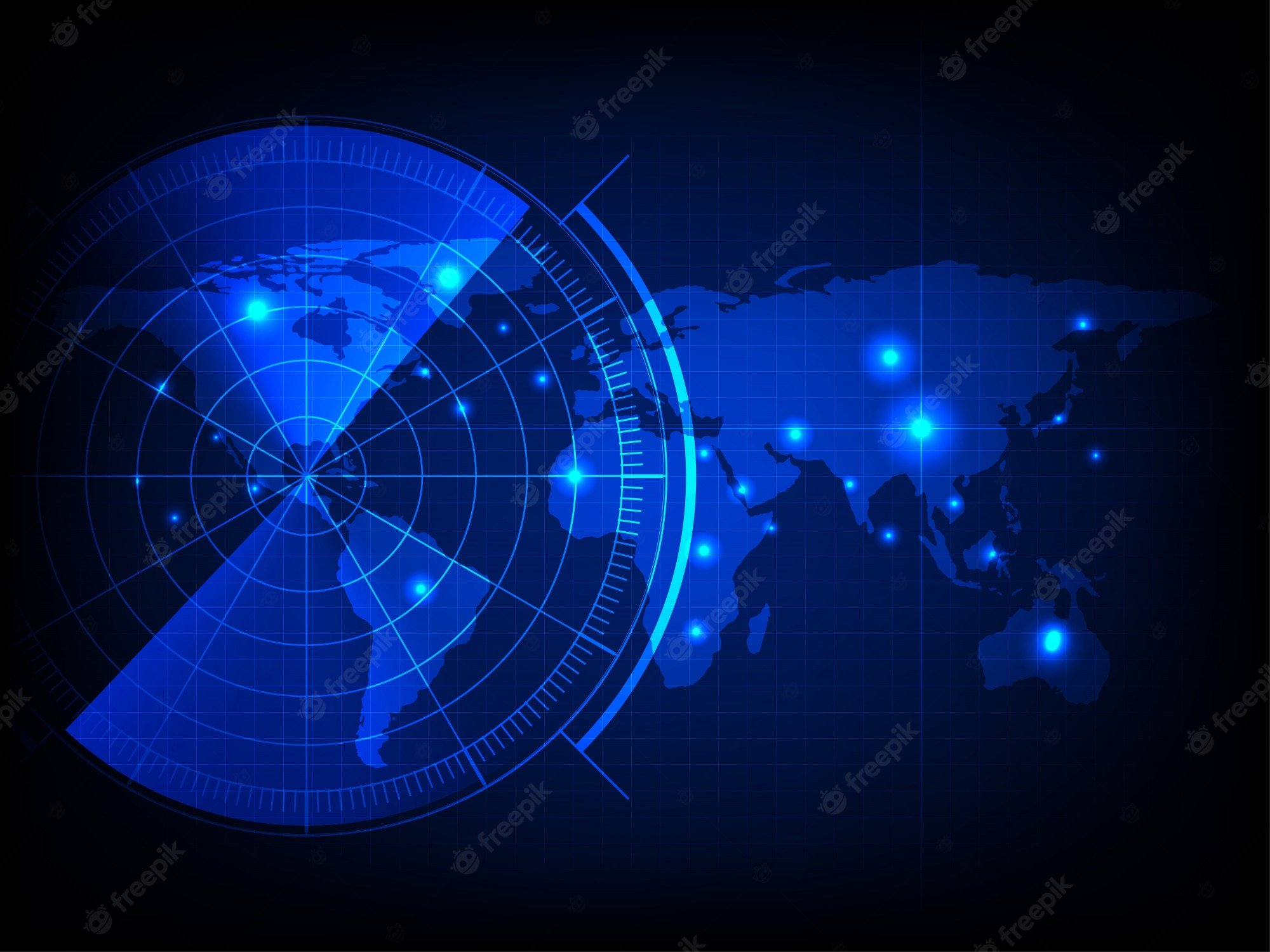 Premium Vector. World map with a radar screen, digital blue radar with targets and world map using as background and wallpaper